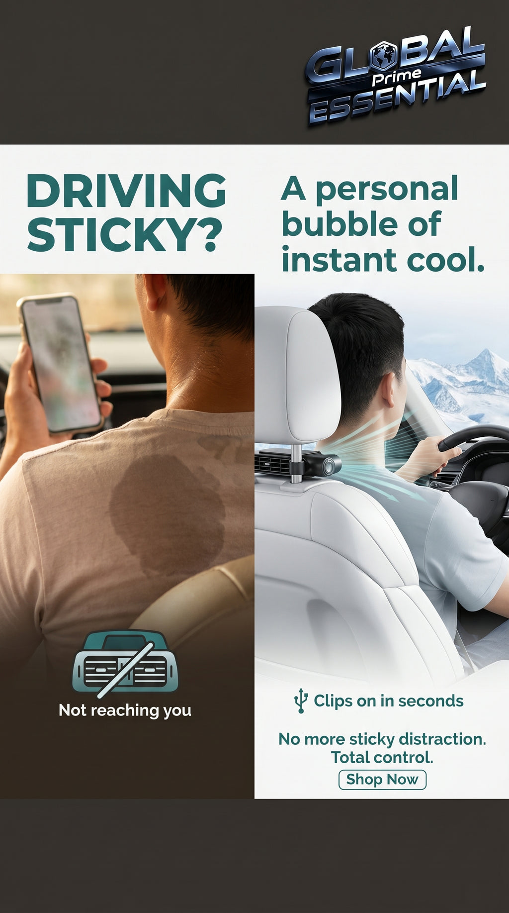 Global Prime Essential cooling car seat fan providing personal airflow to beat the heat in your vehicle's seat.