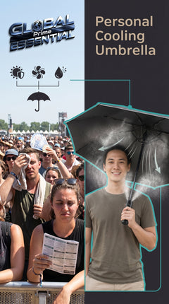 Global Prime Essential portable outdoor umbrella with built-in fan and misting system for cooling during hot and rainy weather.