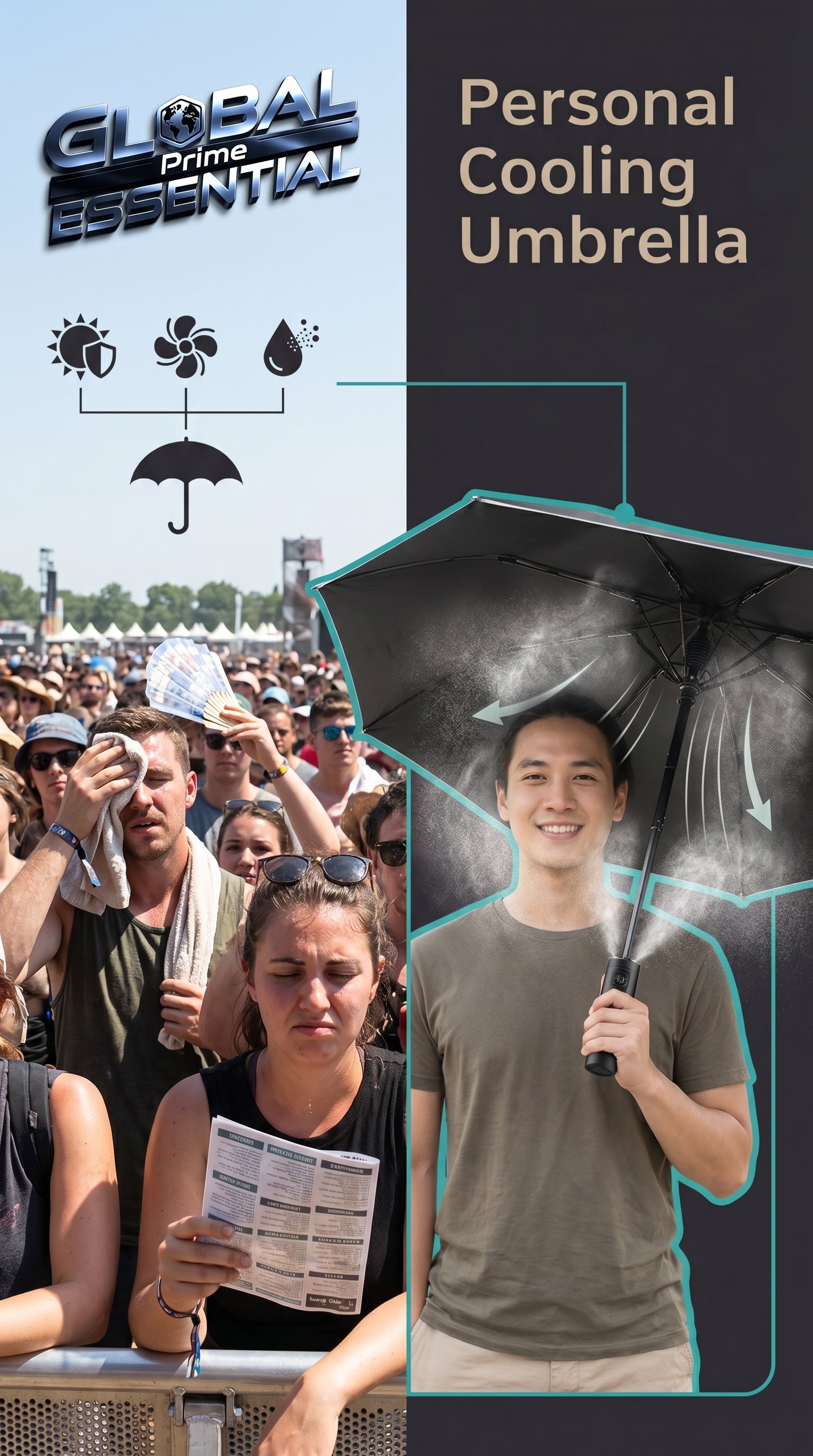 Global Prime Essential portable outdoor umbrella with built-in fan and misting system for cooling during hot and rainy weather.