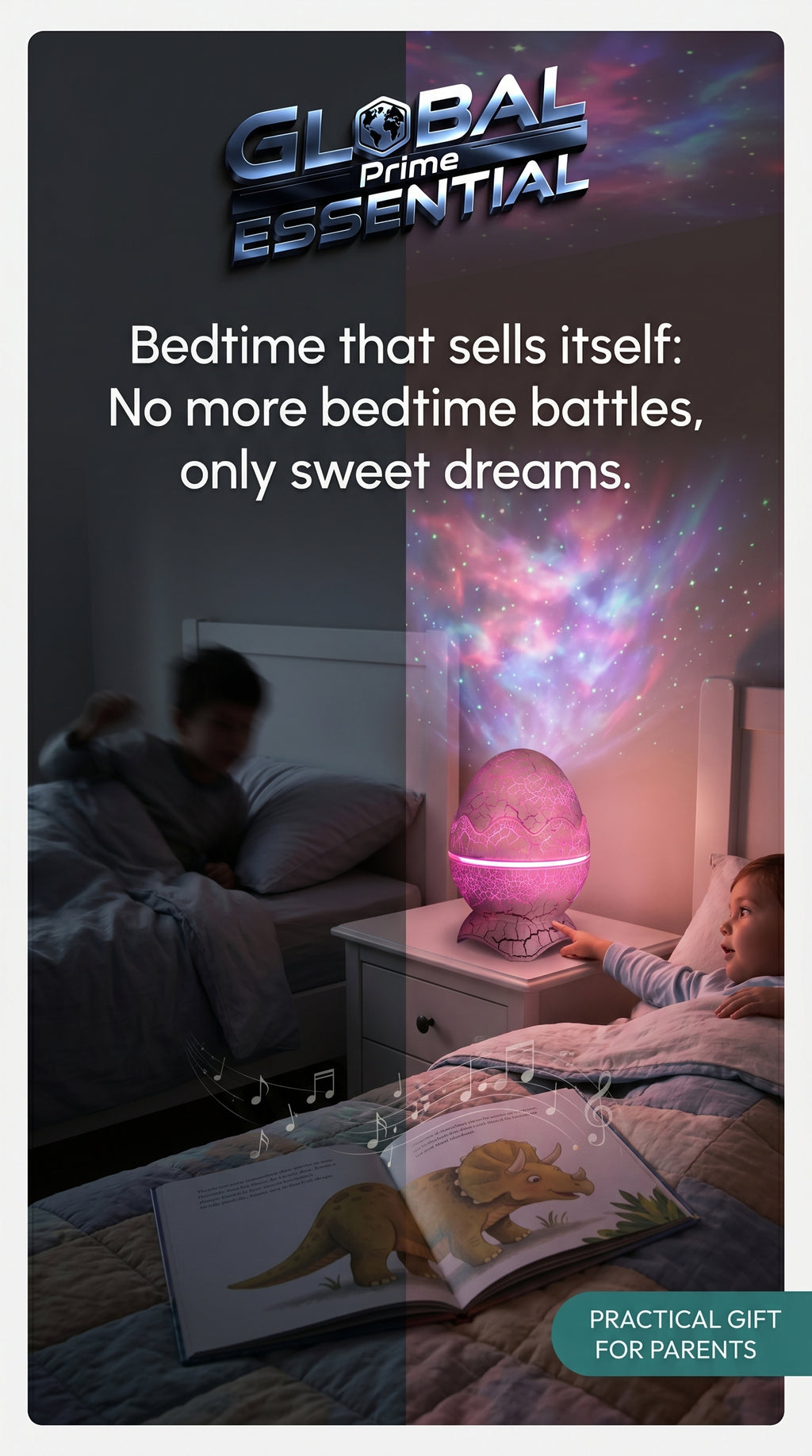 Global Prime Essential Dinosaur Egg Galaxy Projector displaying a colorful starry sky night light for kids.