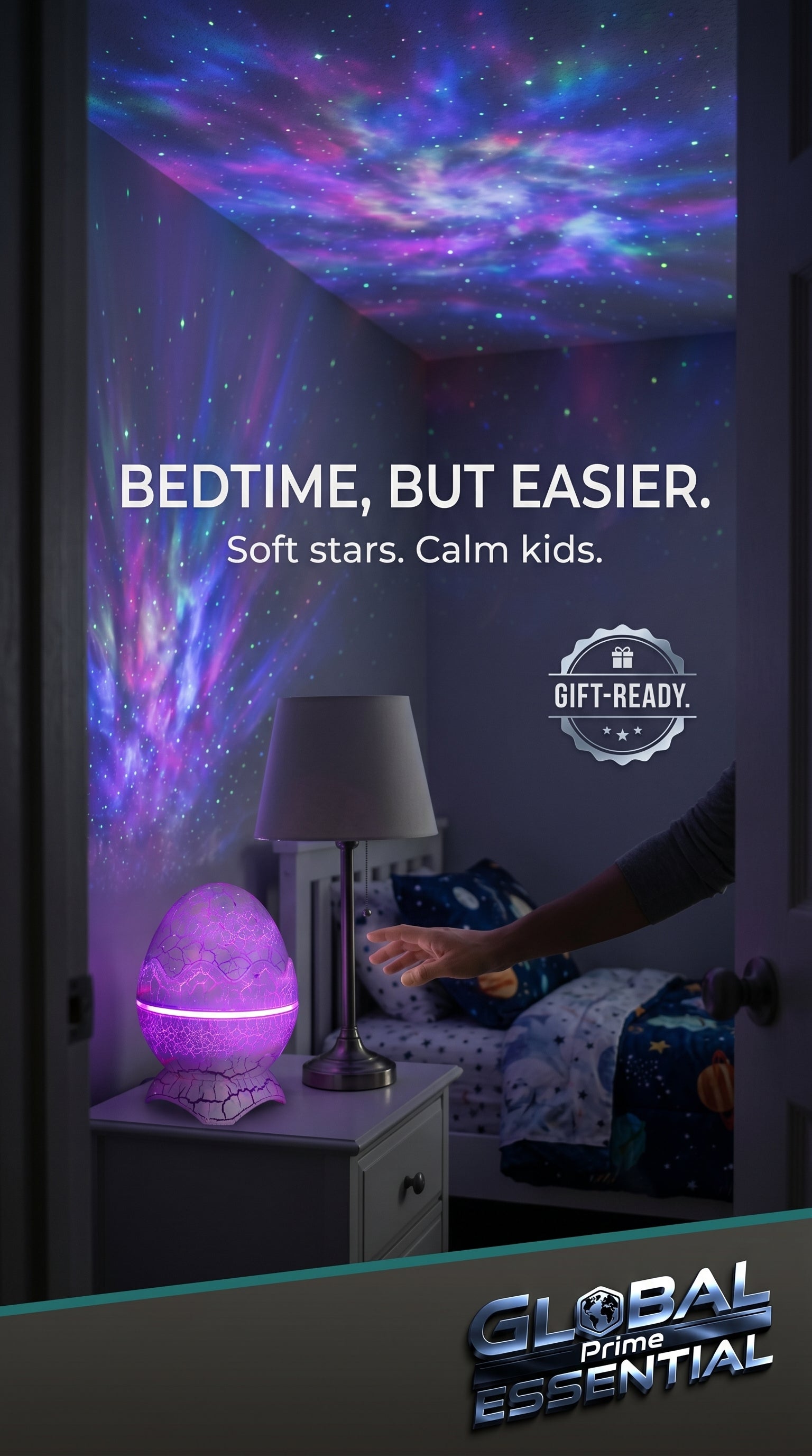 Global Prime Essential Dinosaur Egg Galaxy Projector illuminating a child's bedroom with colorful starry sky and dinosaur-themed night light.