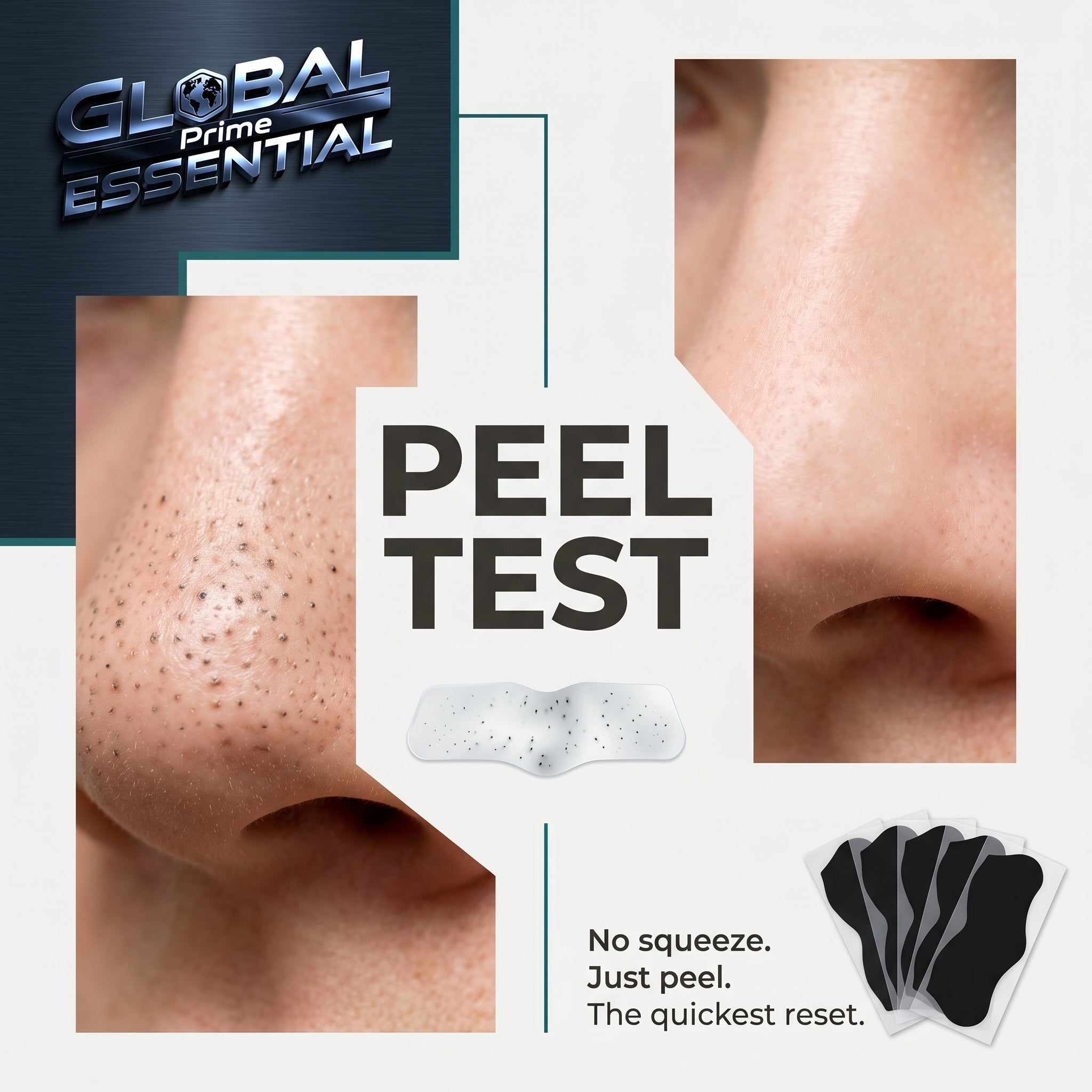 Global Prime Essential nose blackhead remover pore strips showing clear peel test results for deep cleansing and visible blackhead removal.