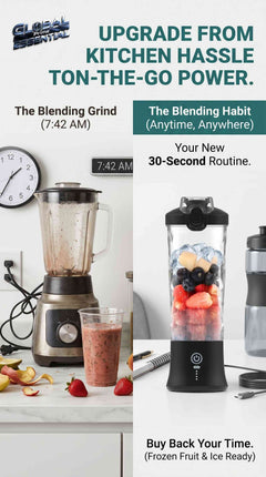 Global Prime Essential portable blender cup with 600ml BPA-free bottle, 240W motor, USB-C, and 18000RPM for on-the-go smoothies