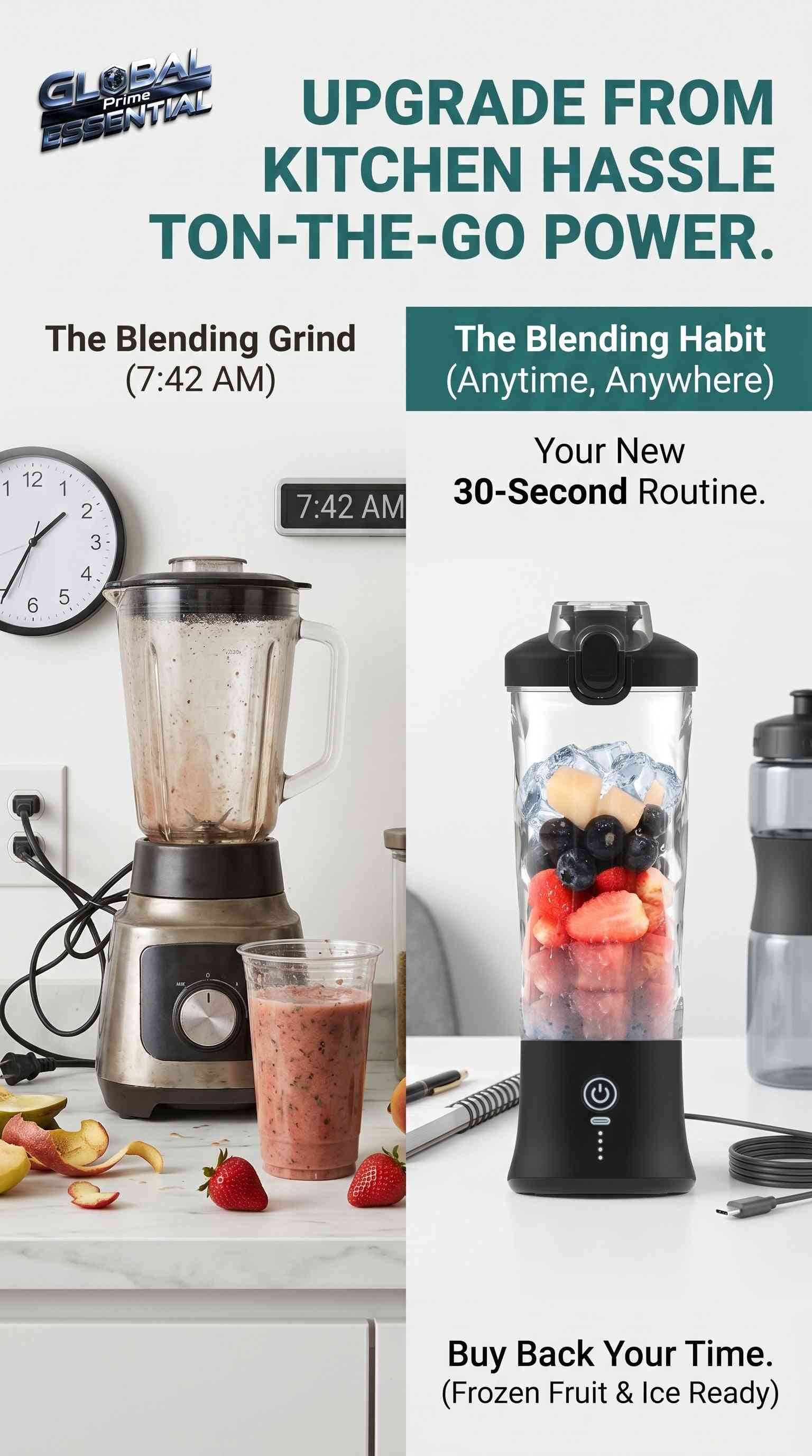 Global Prime Essential portable blender cup with 600ml BPA-free bottle, 240W motor, USB-C, and 18000RPM for on-the-go smoothies