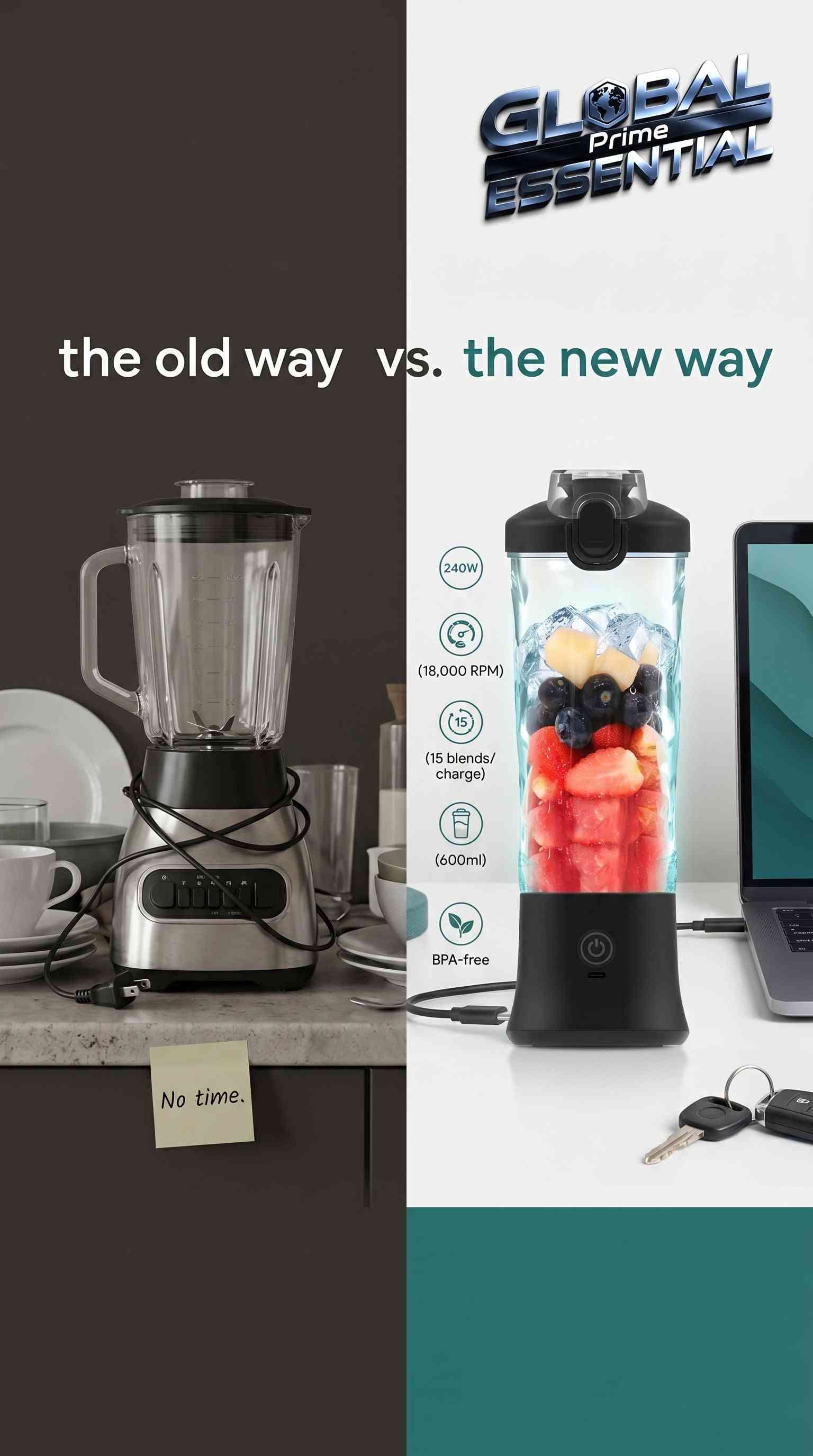 Global Prime Essential portable blender cup with 600ml BPA-free bottle, 240W motor, USB-C, and 18000RPM for smoothies.