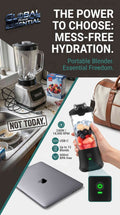 Portable Global Prime Essential blender cup with 600ml BPA-free bottle, 240W motor, 18000RPM, and USB-C battery in a sleek design