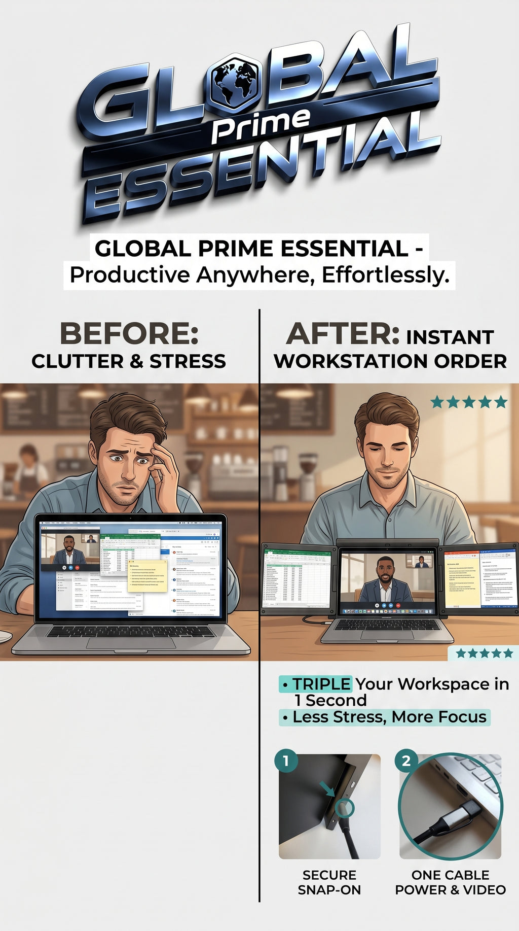 Global Prime Essential portable dual screen monitor for laptops, showcasing a sleek design for increased productivity.