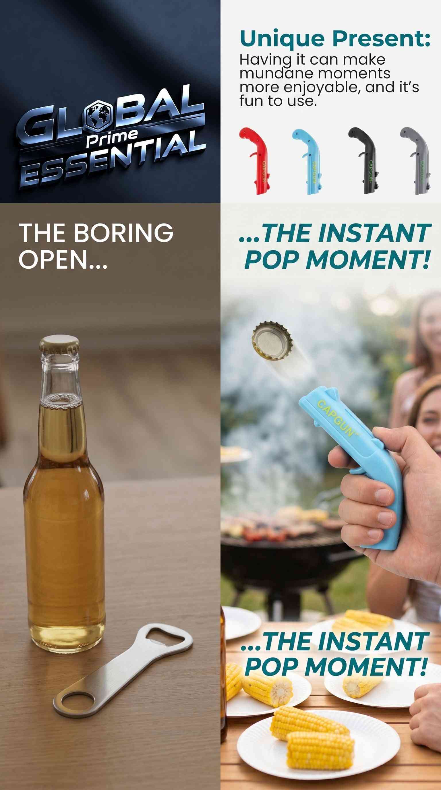 Global Prime Essential cap gun bottle opener with pull-release design, perfect for parties and BBQs to open beer bottles effortlessly.