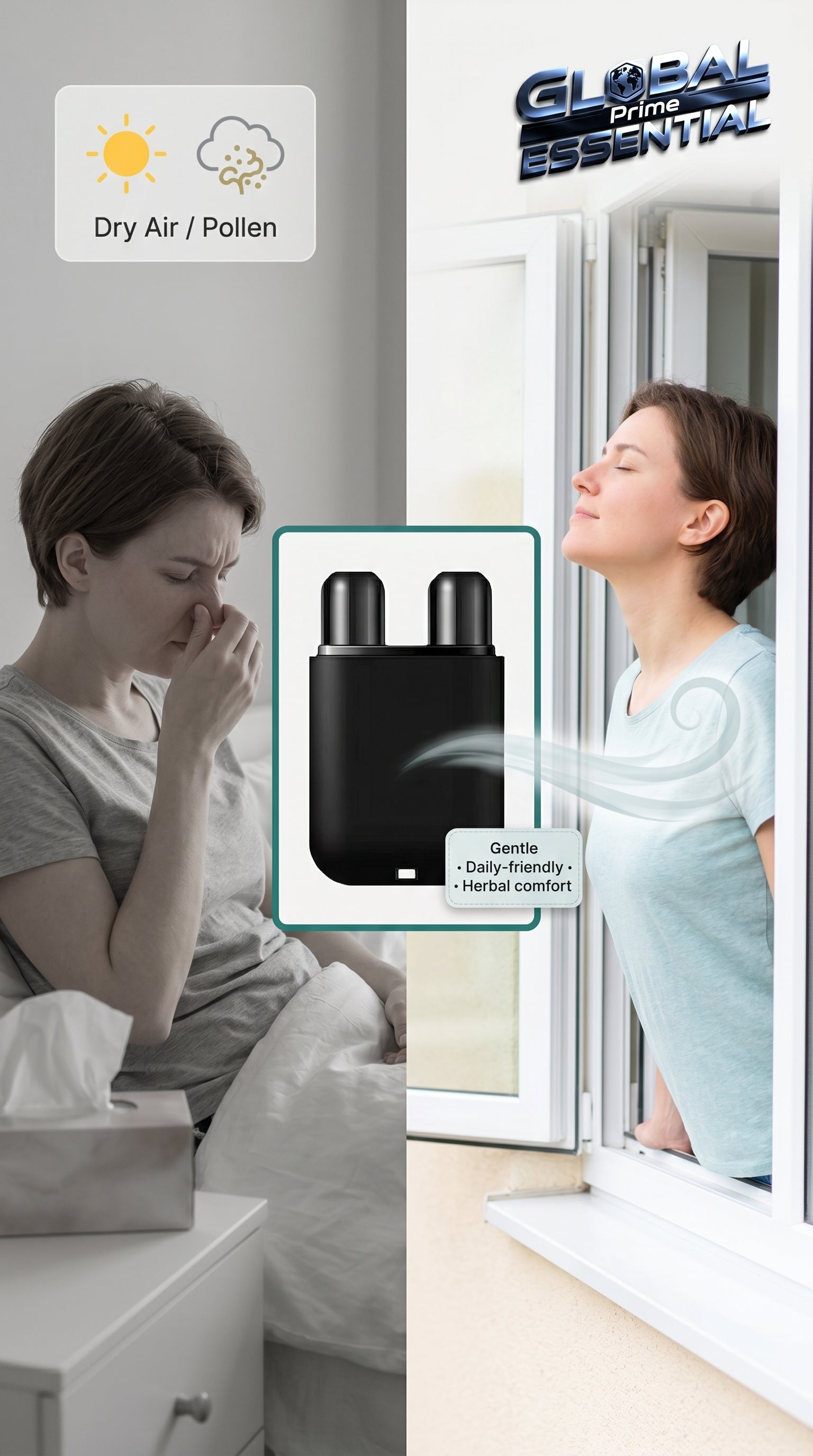 Global Prime Essential Herbal Repair Nasal Box for natural breathing relief, featuring herbal ingredients in a convenient nasal remedy package.