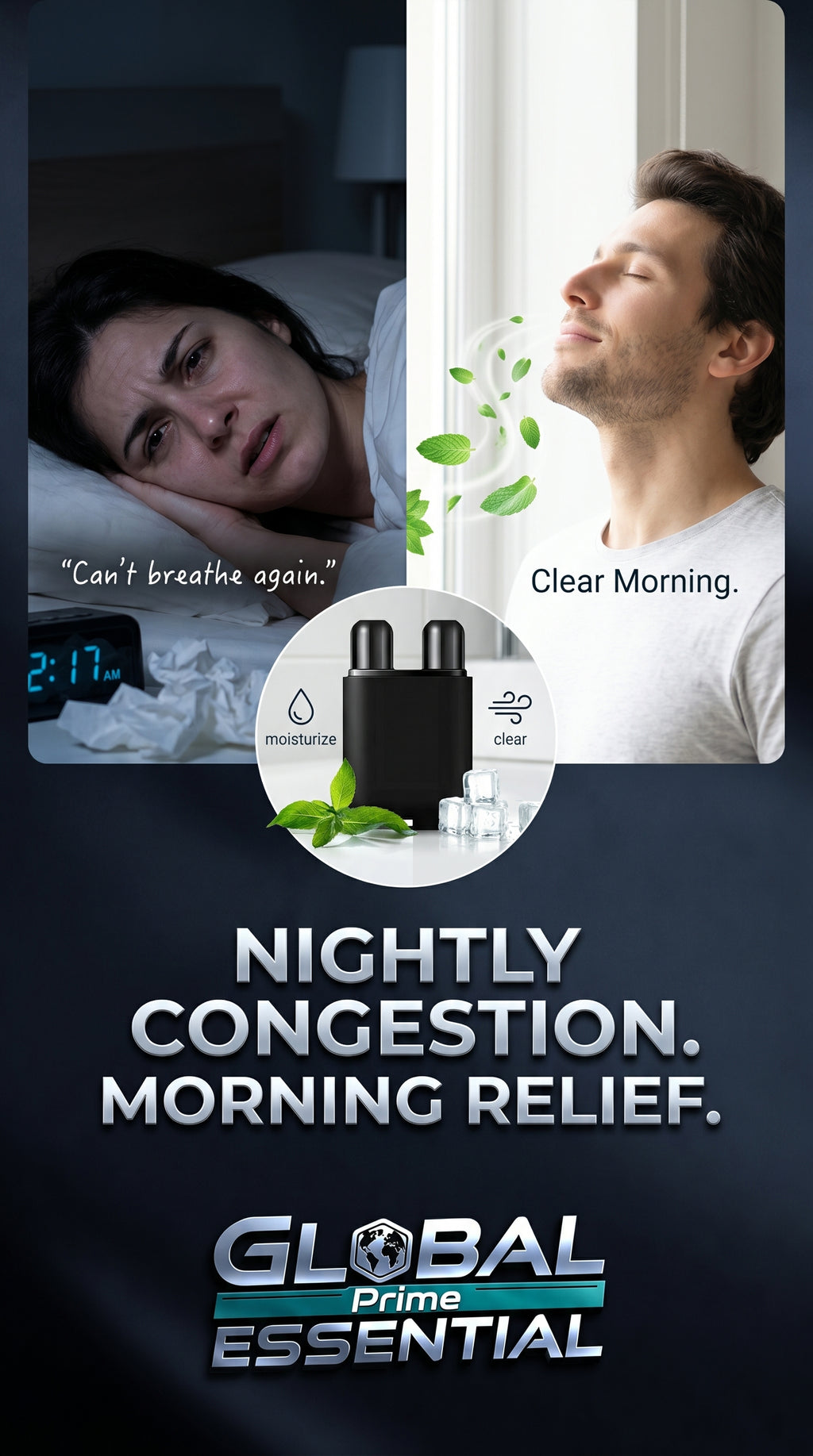 Global Prime Essential Herbal Repair Nasal Box for easier breathing and improved sleep, featuring herbal-infused nasal strips or patches.