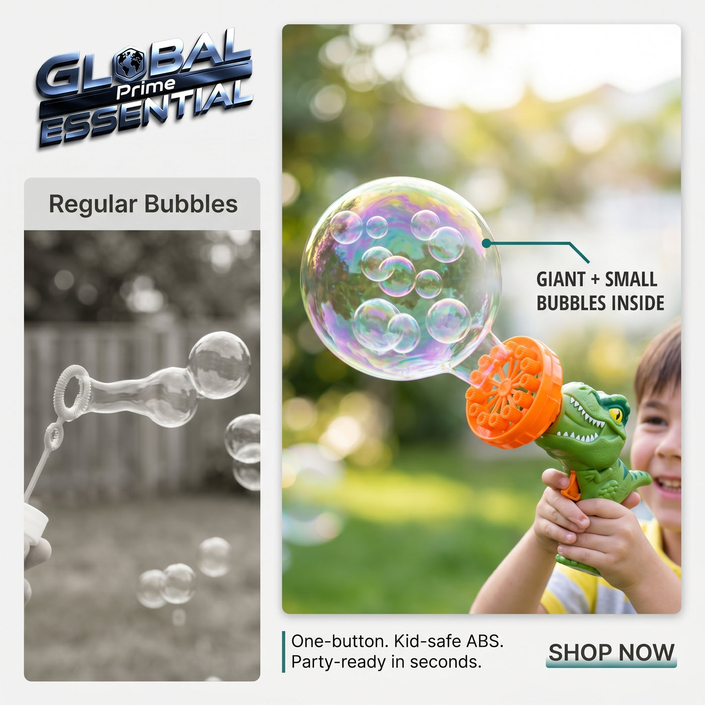 Dinosaur Bubble Gun for Kids – Bubbles Inside Bubbles, One-Button, Safe ABS, 3 Colors