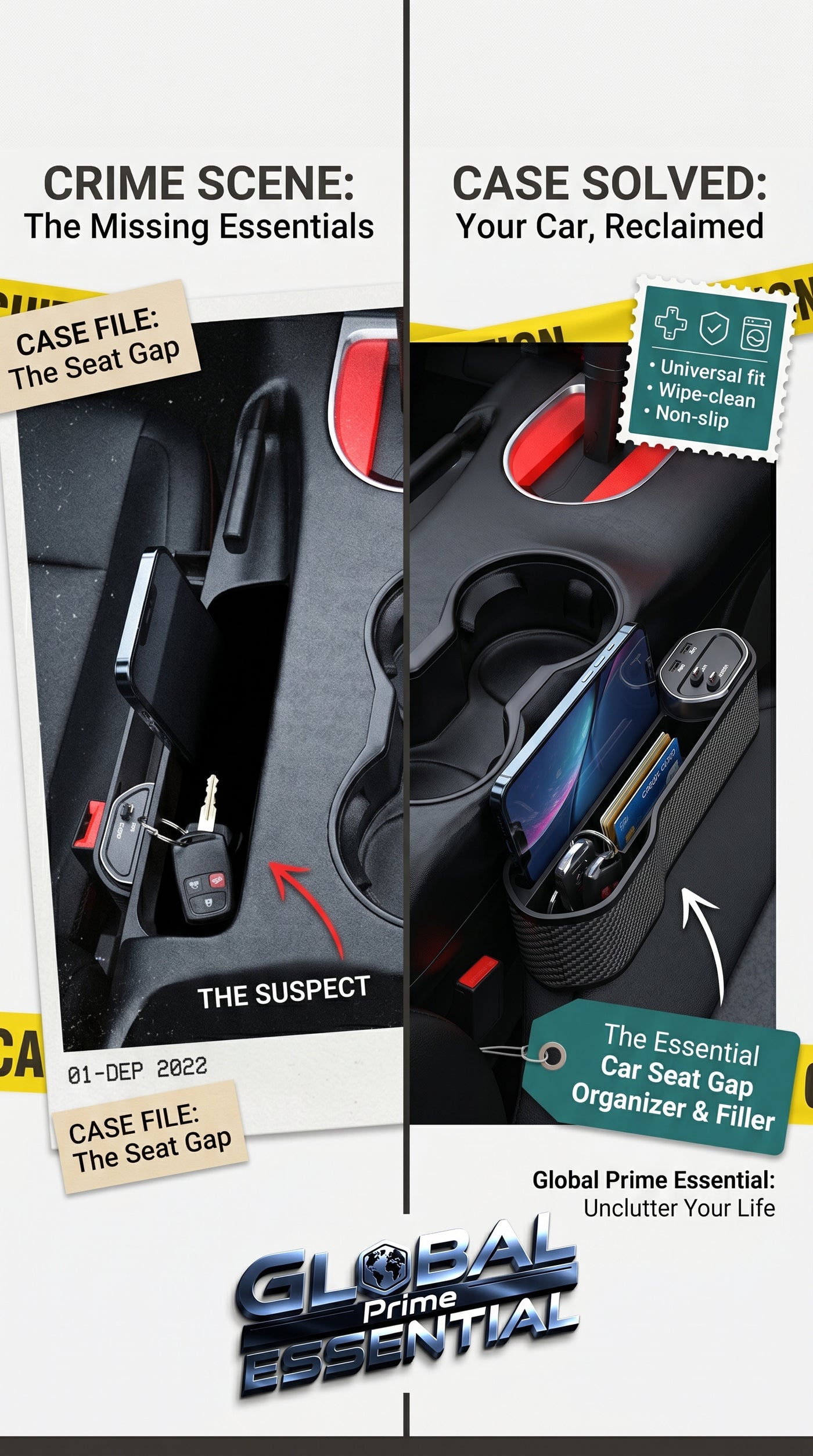 Global Prime Essential car seat gap organizer filling the space between car seats to prevent keys and small items from falling.