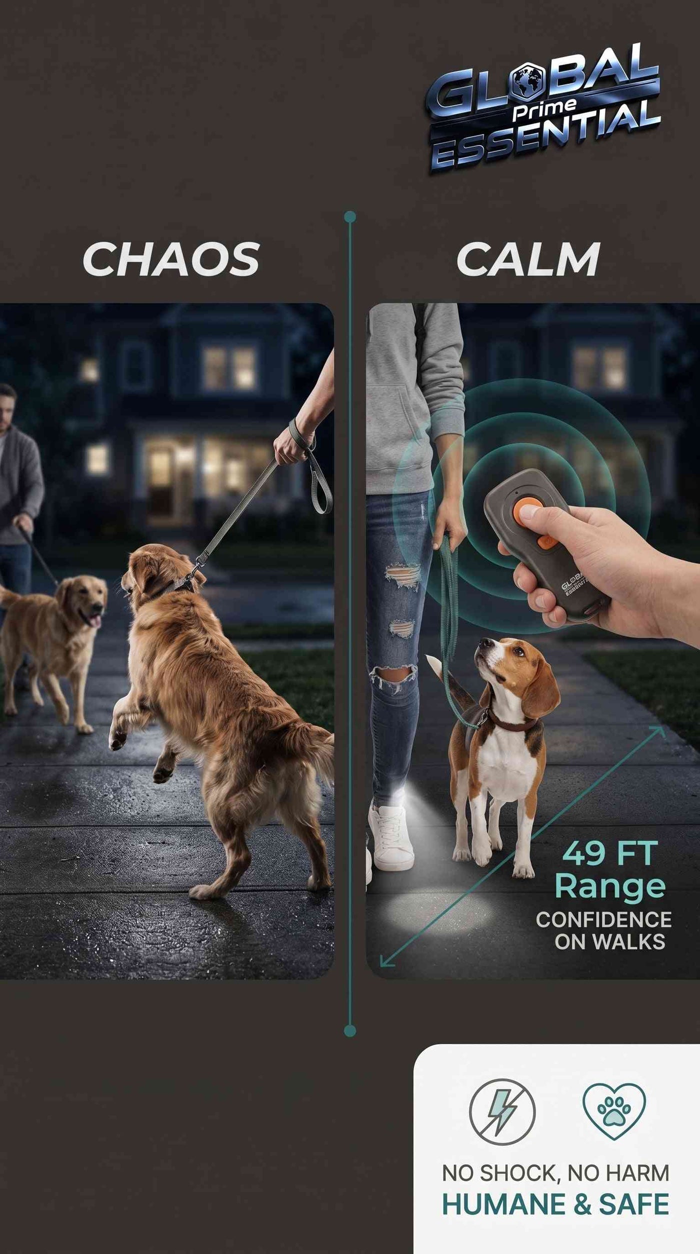 Global Prime Essential ultrasonic dog training device with LED flashlight, designed for bark control and effective pet training.