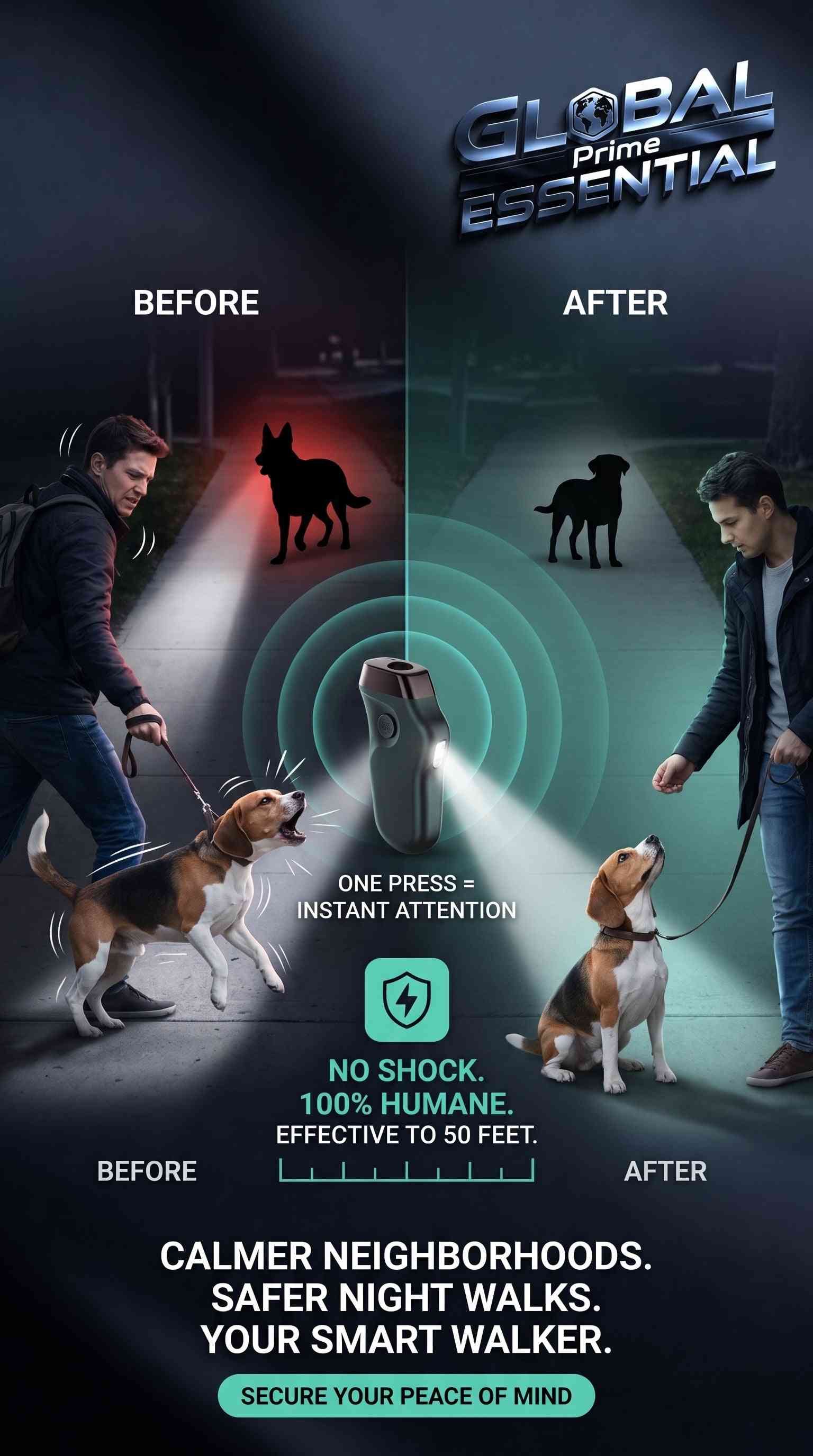 Global Prime Essential ultrasonic dog training device with LED flashlight, 49ft range, and triple emitter for effective bark control.