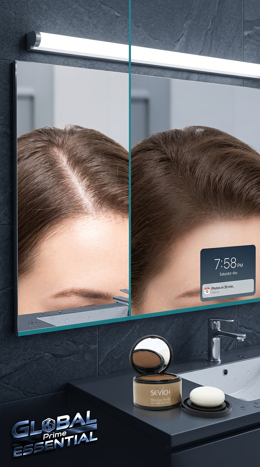 Global Prime Essential Hairline Powder instant root filler for thinning areas and sparse hairlines, camera-ready in seconds.