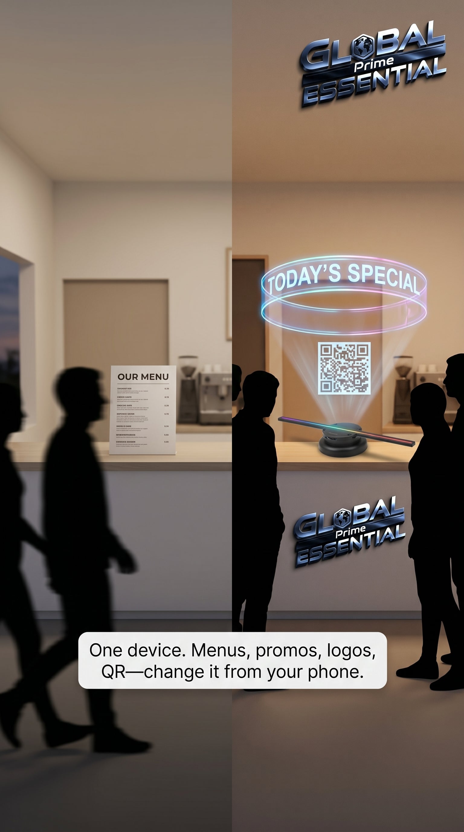 3D hologram fan from Global Prime Essential displaying eye-catching floating visuals for shops, events, or home use.