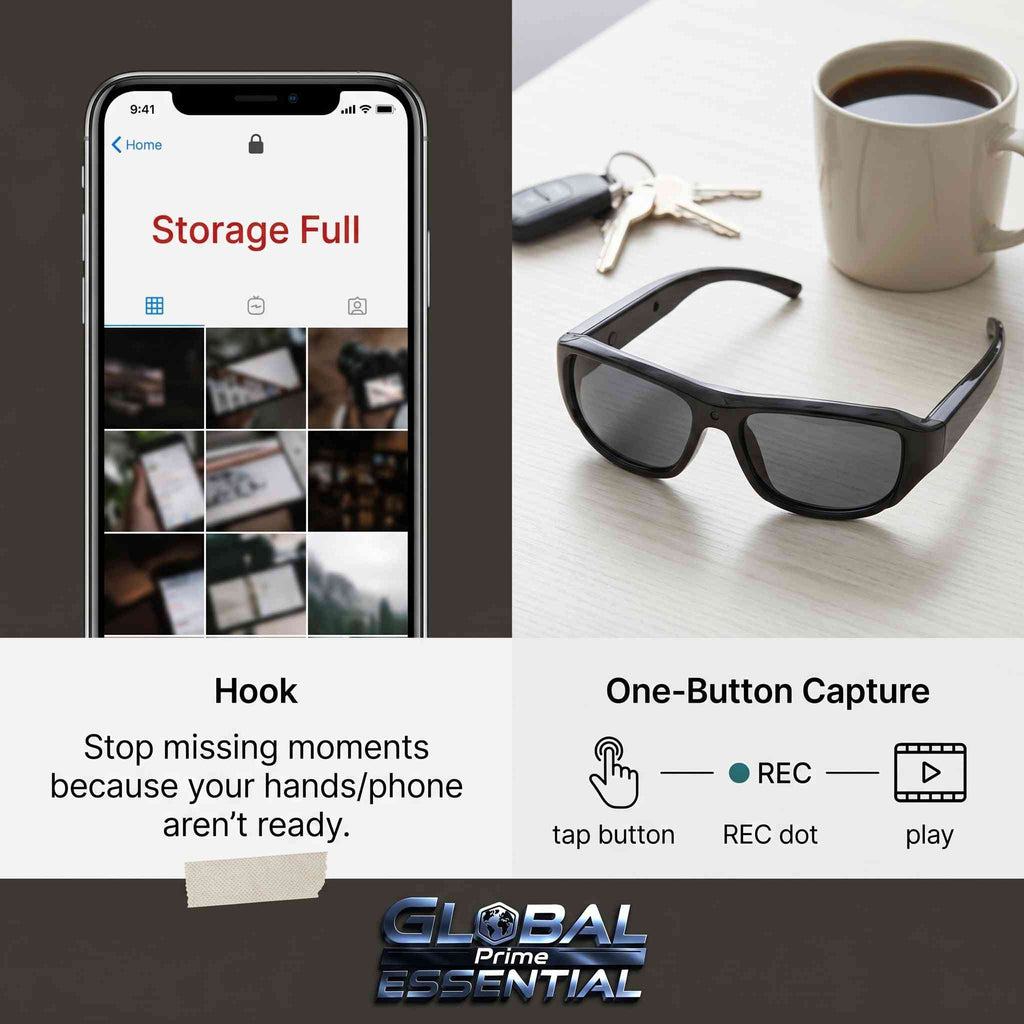 1080P HD Camera Sunglasses – 120° Wide Angle, 2-Hour Recording, Hands-Free POV Camera