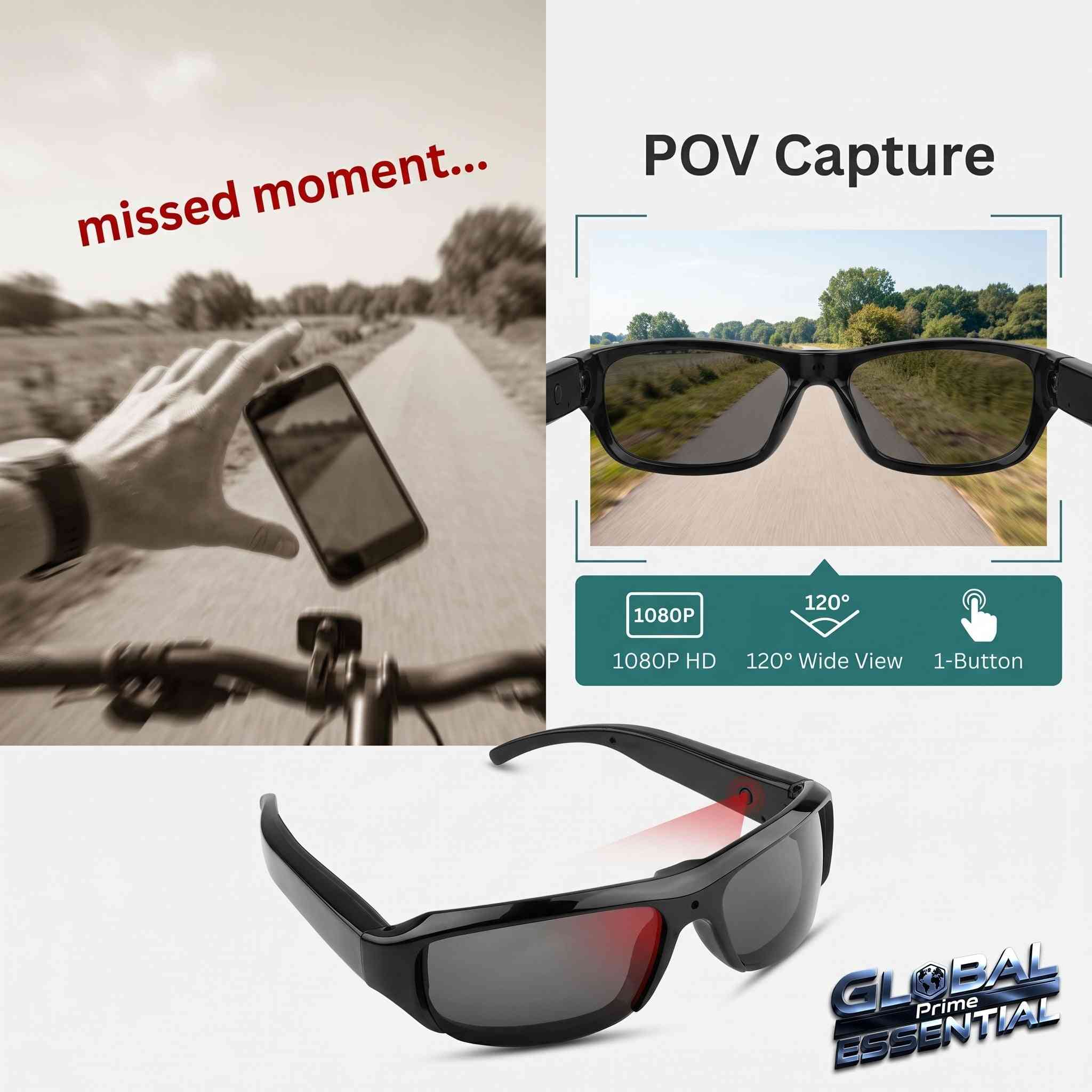 1080P HD Camera Sunglasses – 120° Wide Angle, 2-Hour Recording, Hands-Free POV Camera