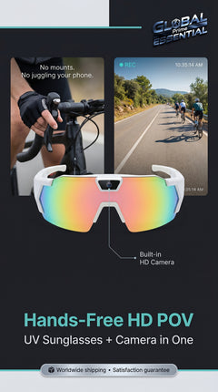 Global Prime Essential bicycle sports POV camera glasses for hands-free HD action recording during rides.