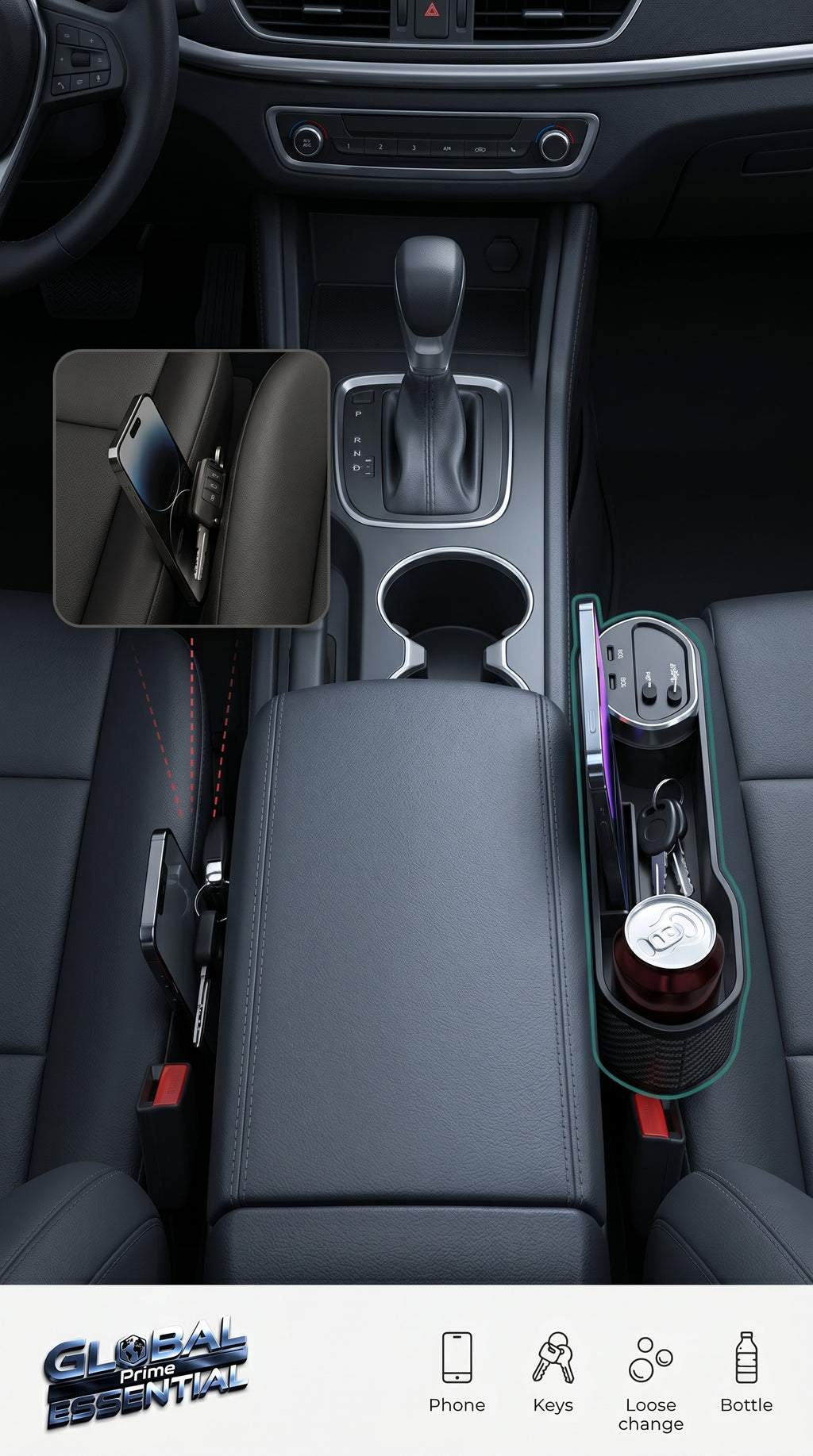 Global Prime Essential car seat gap organizer filling the space between seats to prevent clutter and keep essentials within reach.
