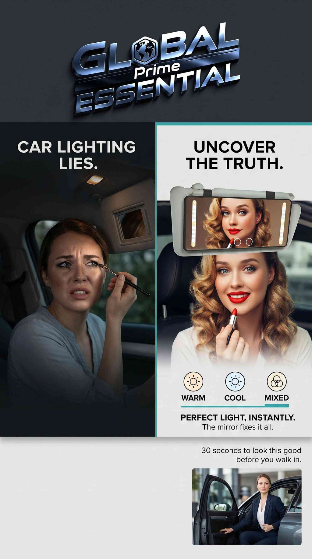Global Prime Essential LED car makeup mirror with adjustable lighting modes, high clarity, portable design, ideal for precise makeup application.