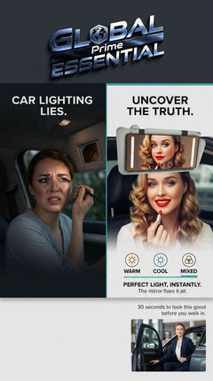 Global Prime Essential LED car makeup mirror with adjustable lighting modes, high clarity, portable design, ideal for precise makeup application.