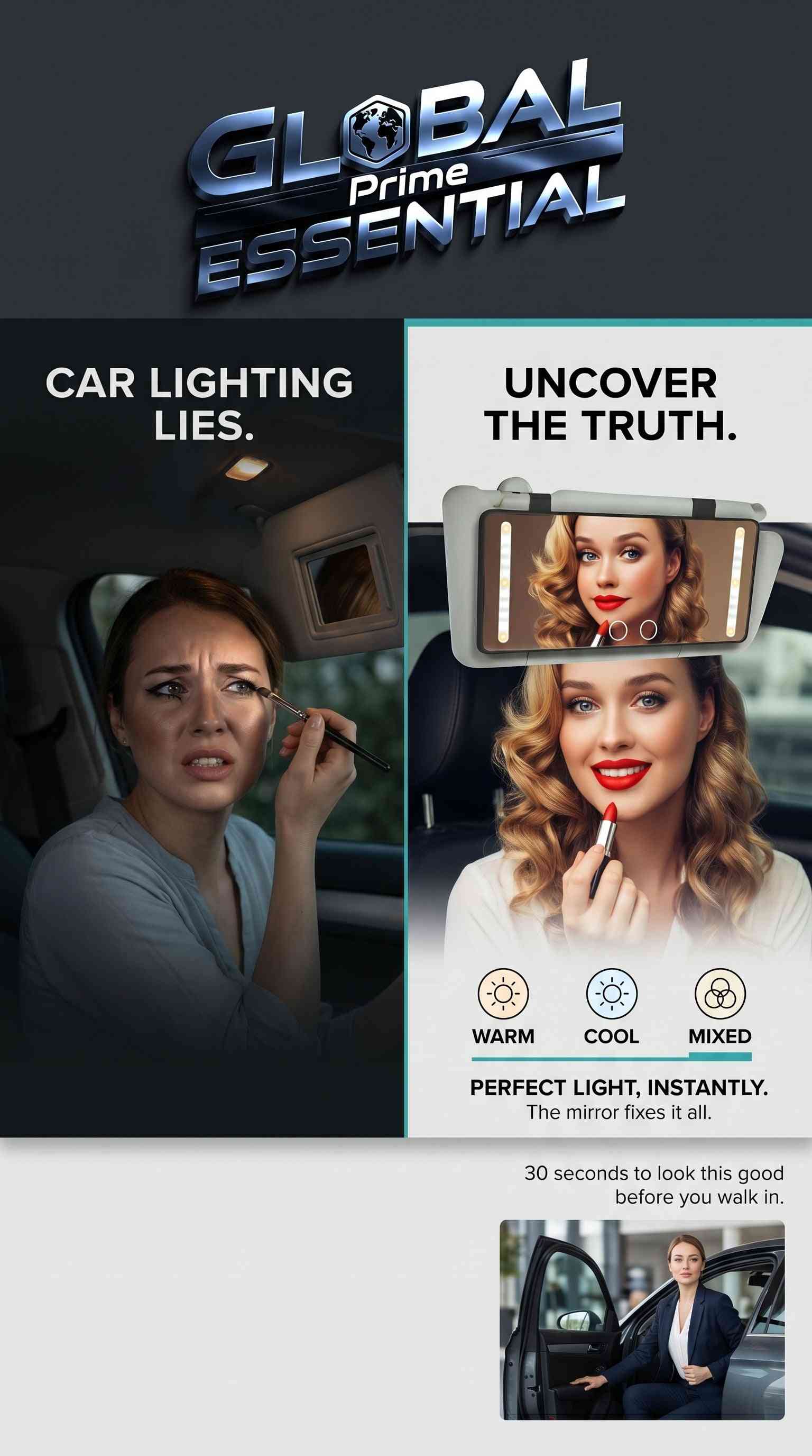 Global Prime Essential LED car makeup mirror with adjustable lighting modes, high clarity, portable design, ideal for precise makeup application.