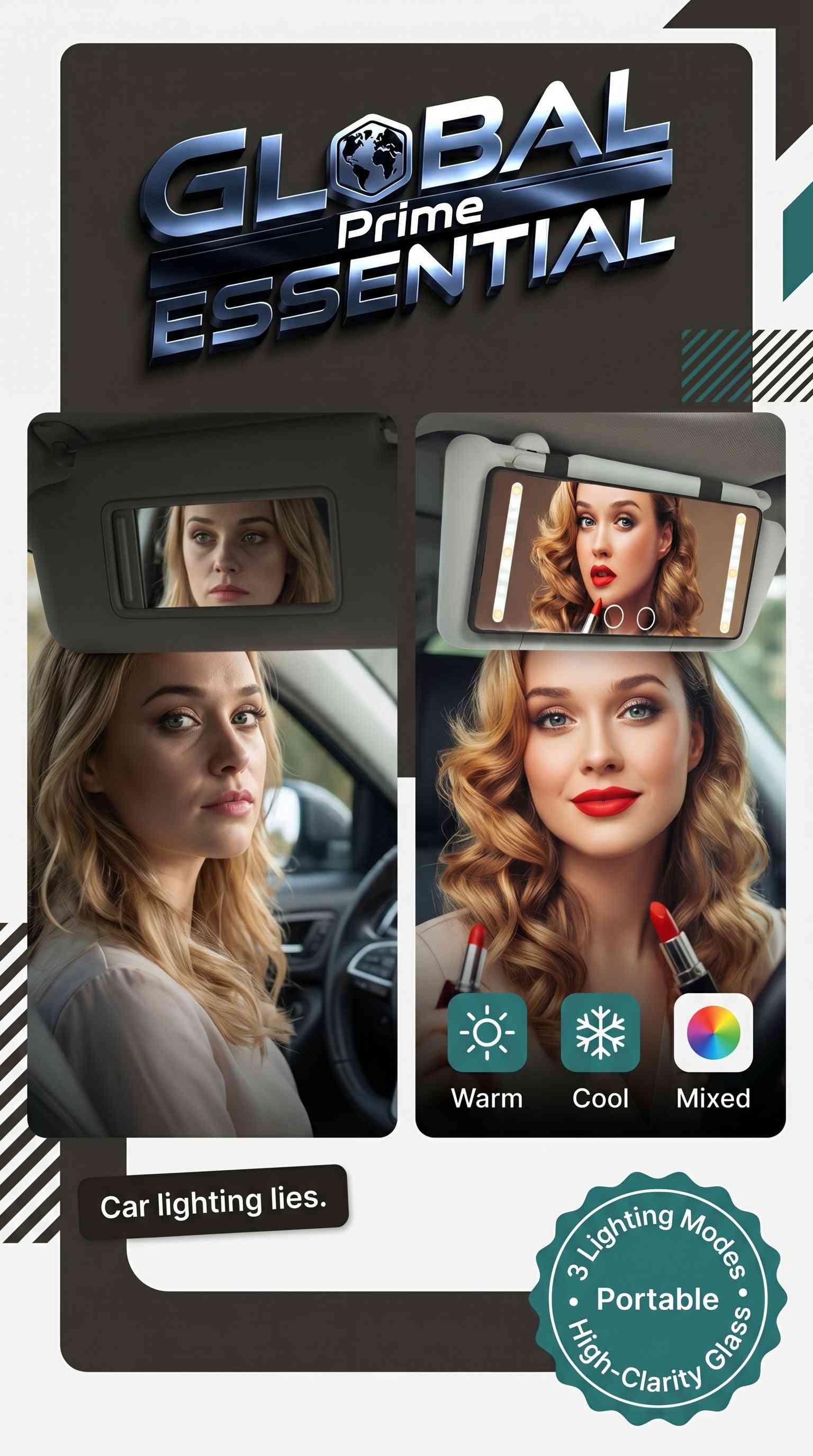 Global Prime Essential LED car makeup mirror with adjustable lighting modes, high clarity, and portable design for precise makeup application.