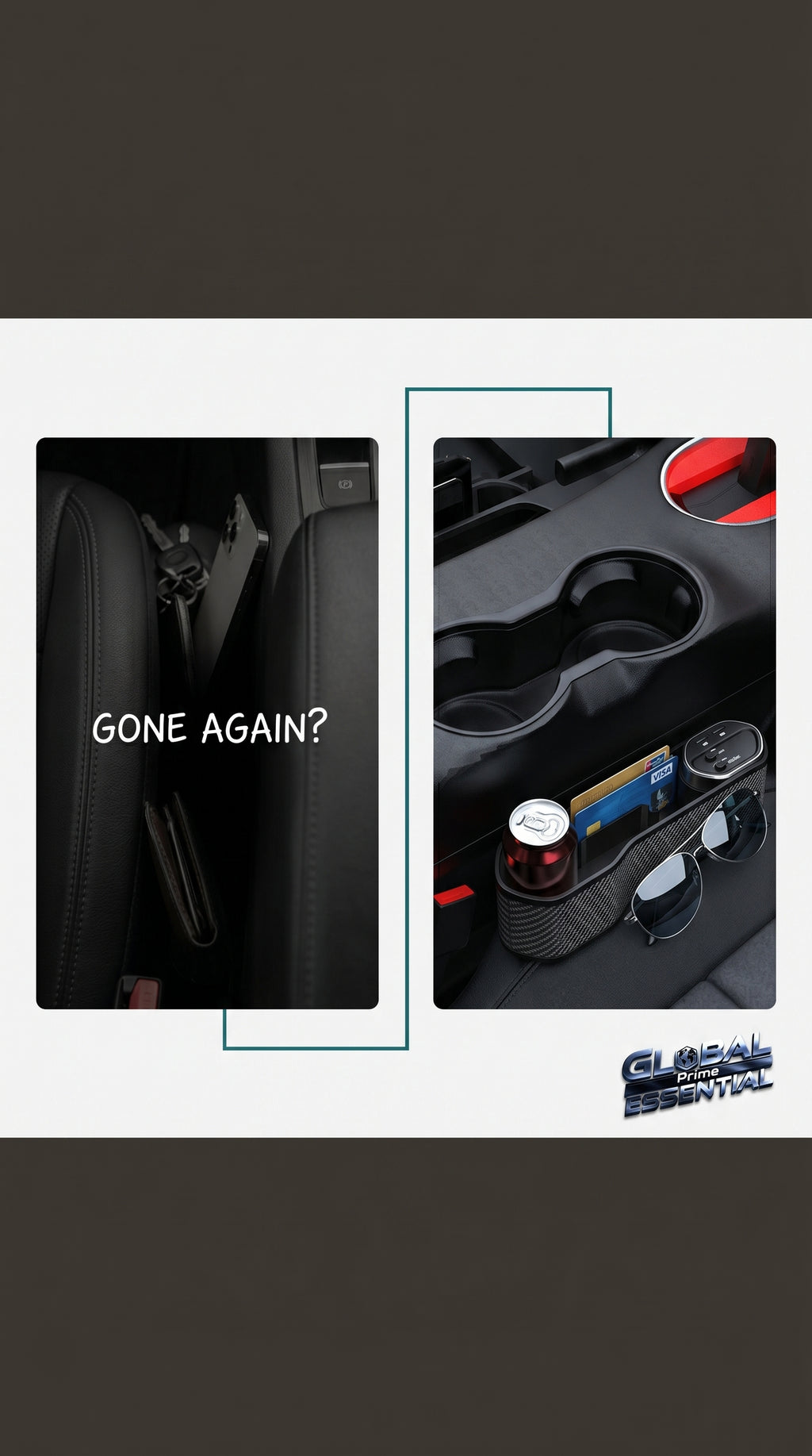 Global Prime Essential car seat gap organizer filling the gap between seats and console for added storage and convenience.