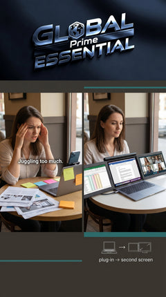 Global Prime Essential portable dual screen monitor for laptops, showing a dual display setup for enhanced productivity.