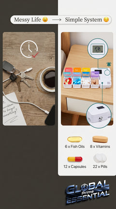 Global Prime Essential drug storage alarm box with secure lock and digital alert system for organized medication management.