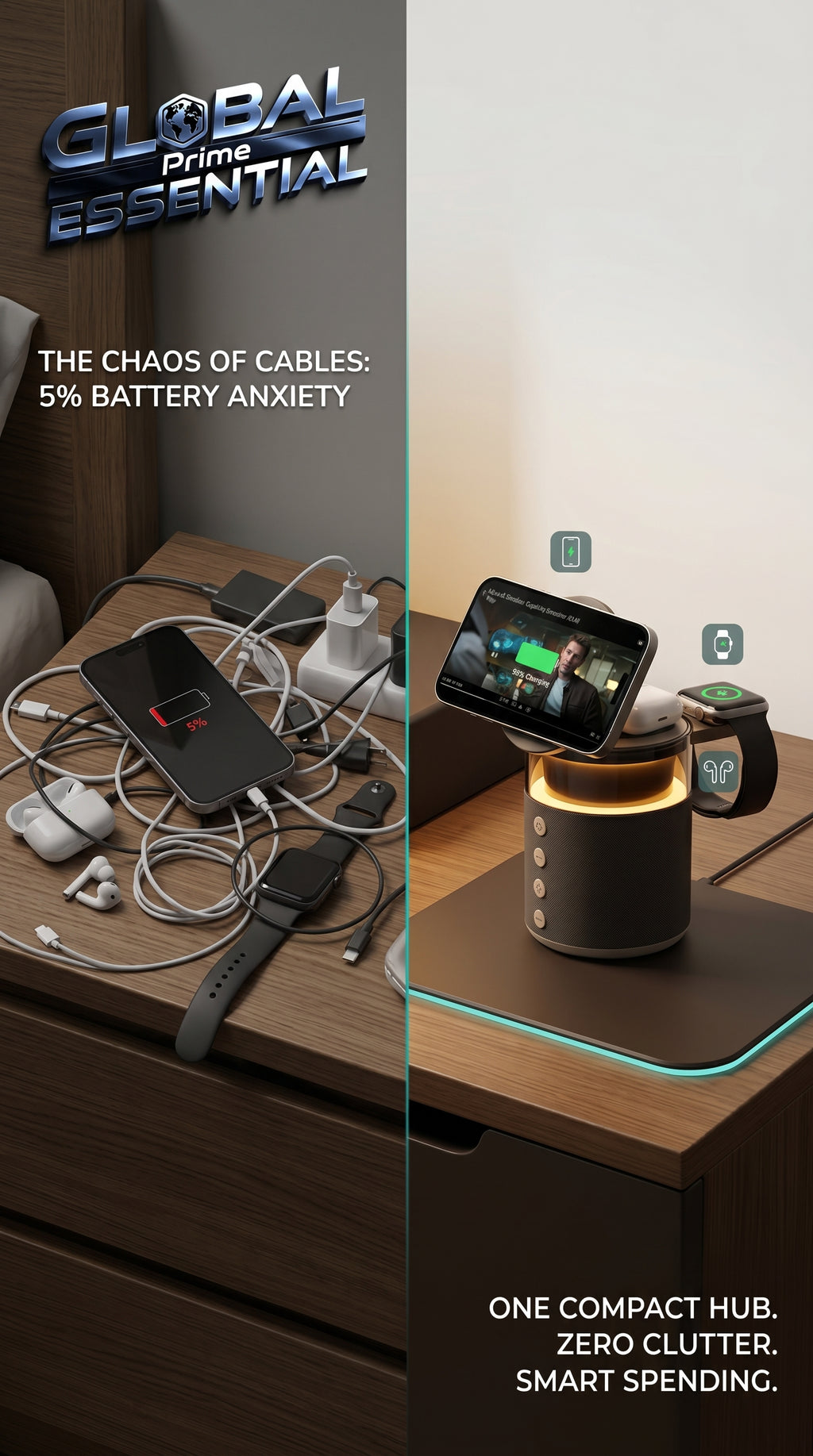 Global Prime Essential 5-in-1 magnetic wireless charging station with multiple devices on a clutter-free desk setup.
