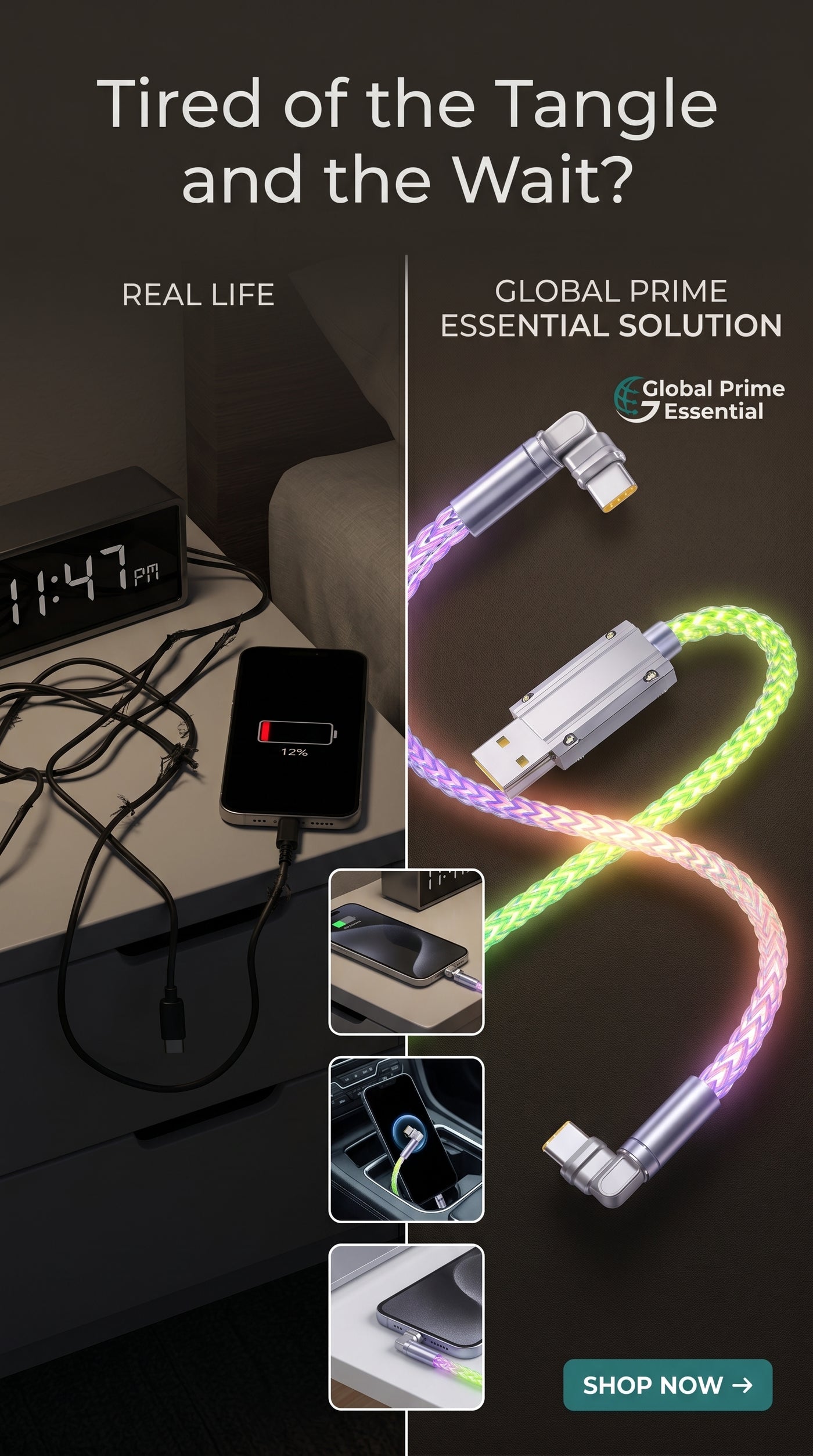 120W RGB Fast Charging Cable – USB-A to Type-C with LED Glow
