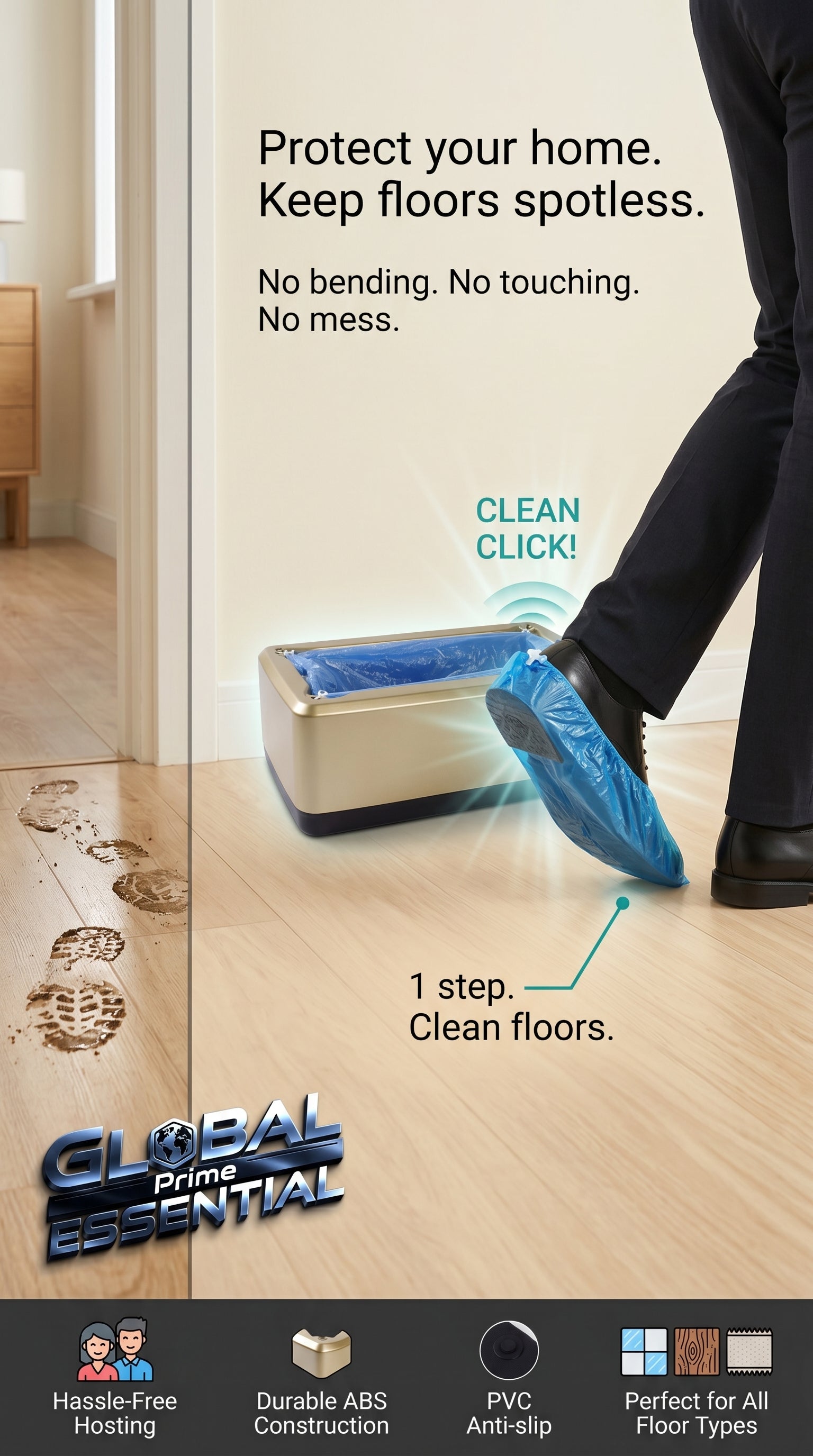 Automatic shoes cover dispenser by Global Prime Essential on clean floors, showcasing easy, one-step shoe protection device.