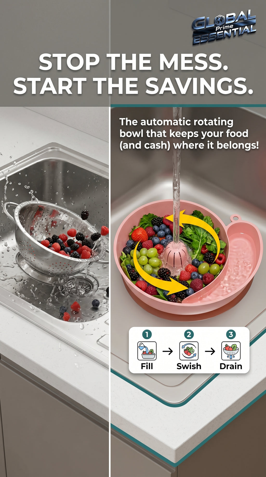 Global Prime Essential fruit and vegetable washing bowl with clean produce inside, designed for easy kitchen cleaning and food prep.
