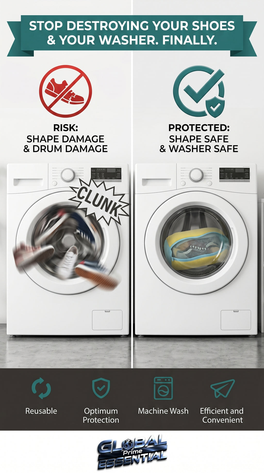 Global Prime Essential shoe washing machine bag holding a pair of shoes, designed for safe and gentle cleaning in washing machines.