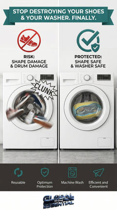 Global Prime Essential shoe washing machine bag holding a pair of shoes, designed for safe and gentle cleaning in washing machines.