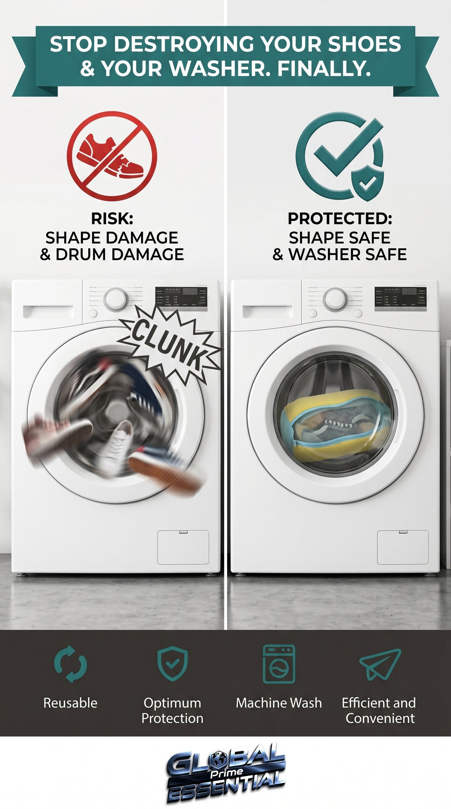 Global Prime Essential shoe washing machine bag holding a pair of shoes, designed for safe and gentle cleaning in washing machines.