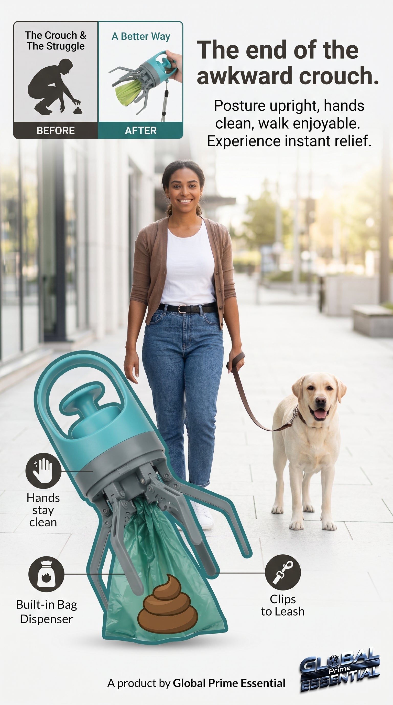 Global Prime Essential portable dog poop scooper in use, showing its compact design and easy cleanup for pet waste.