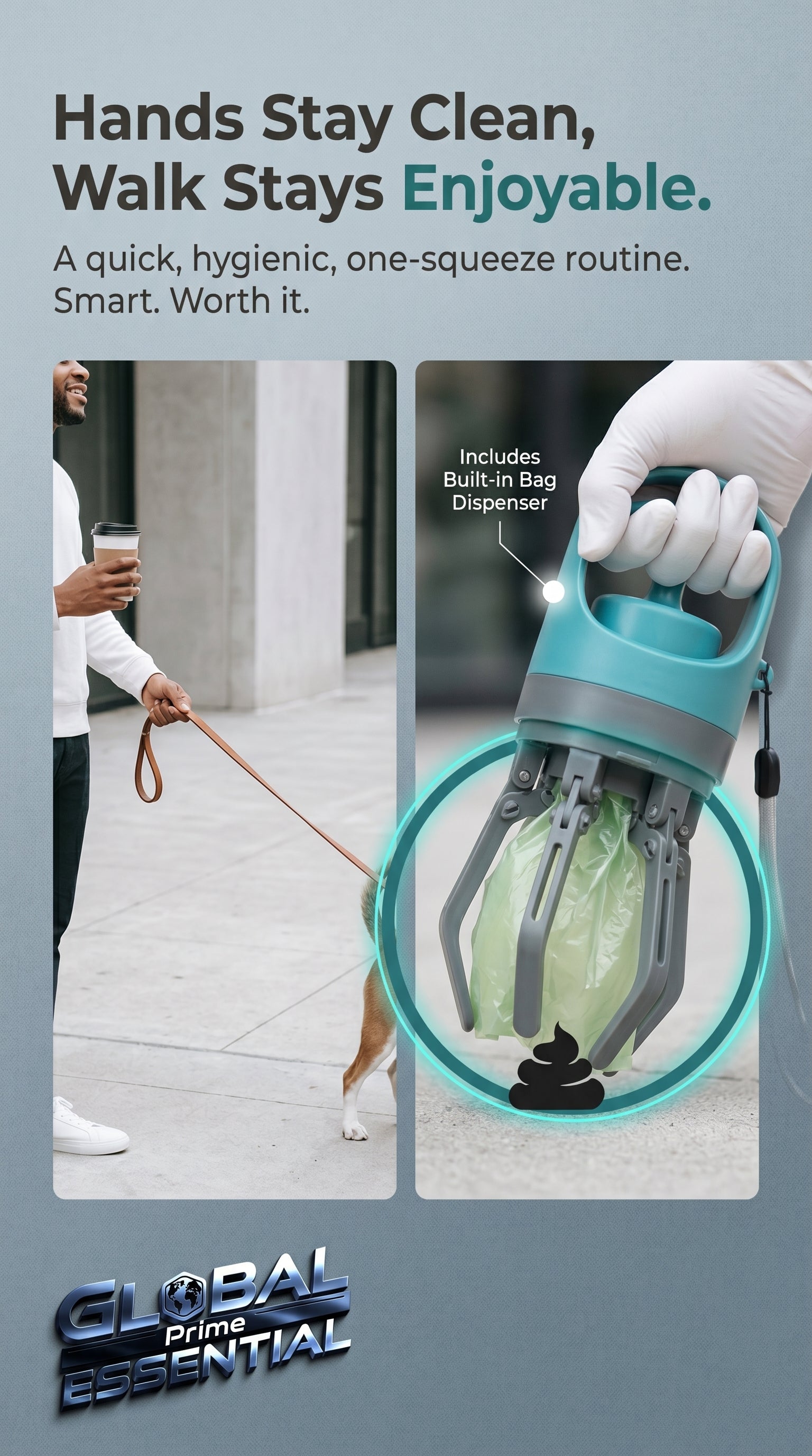 Global Prime Essential portable dog poop scooper with a clean, ergonomic handle for easy and hygienic waste pickup.