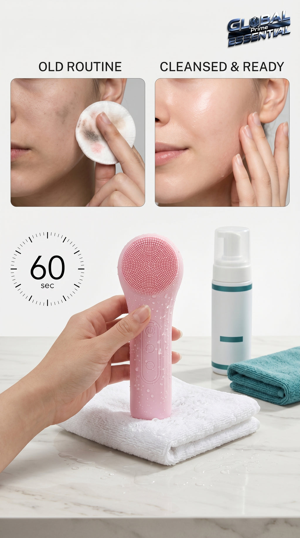 Global Prime Essential Sonic waterproof facial cleansing brush with deep pore cleaning for smoother, brighter skin.