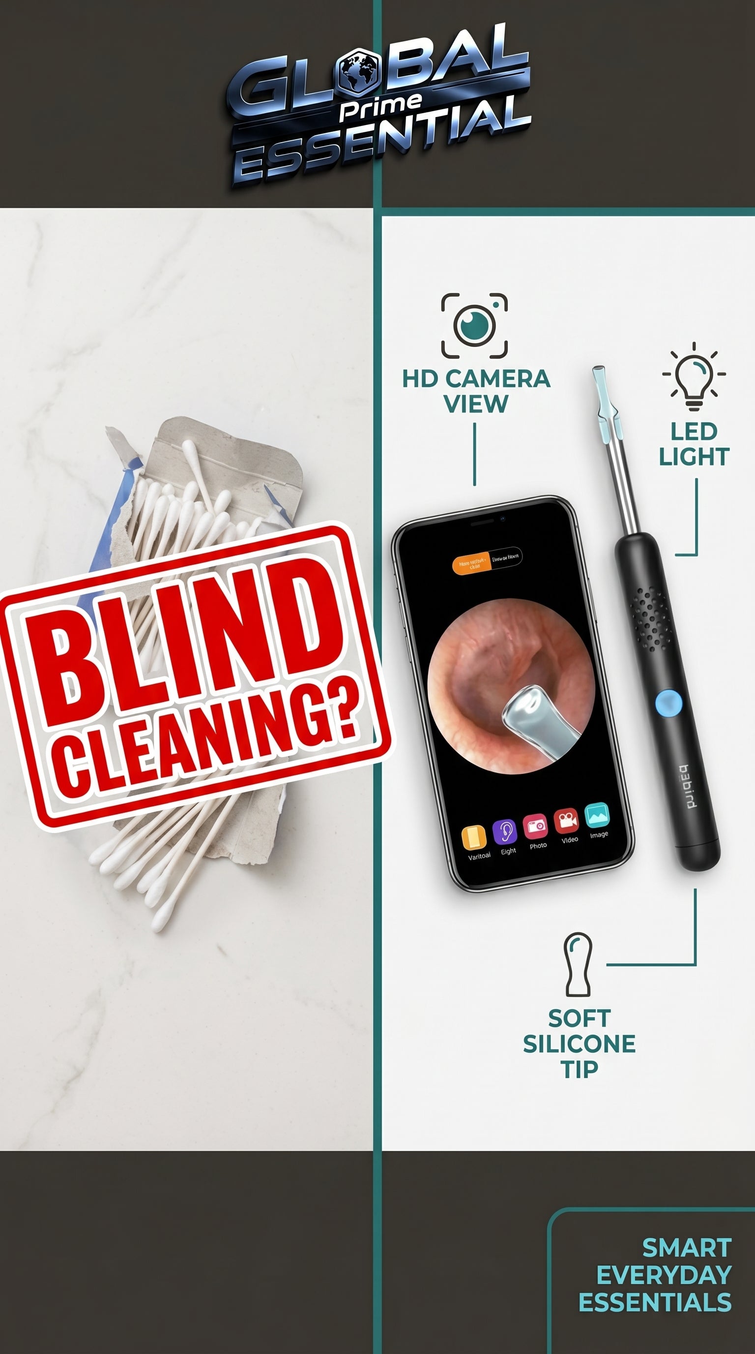 Global Prime Essential Smart Ear Wax Remover showing a clear view of ear canal for safe, easy ear cleaning.