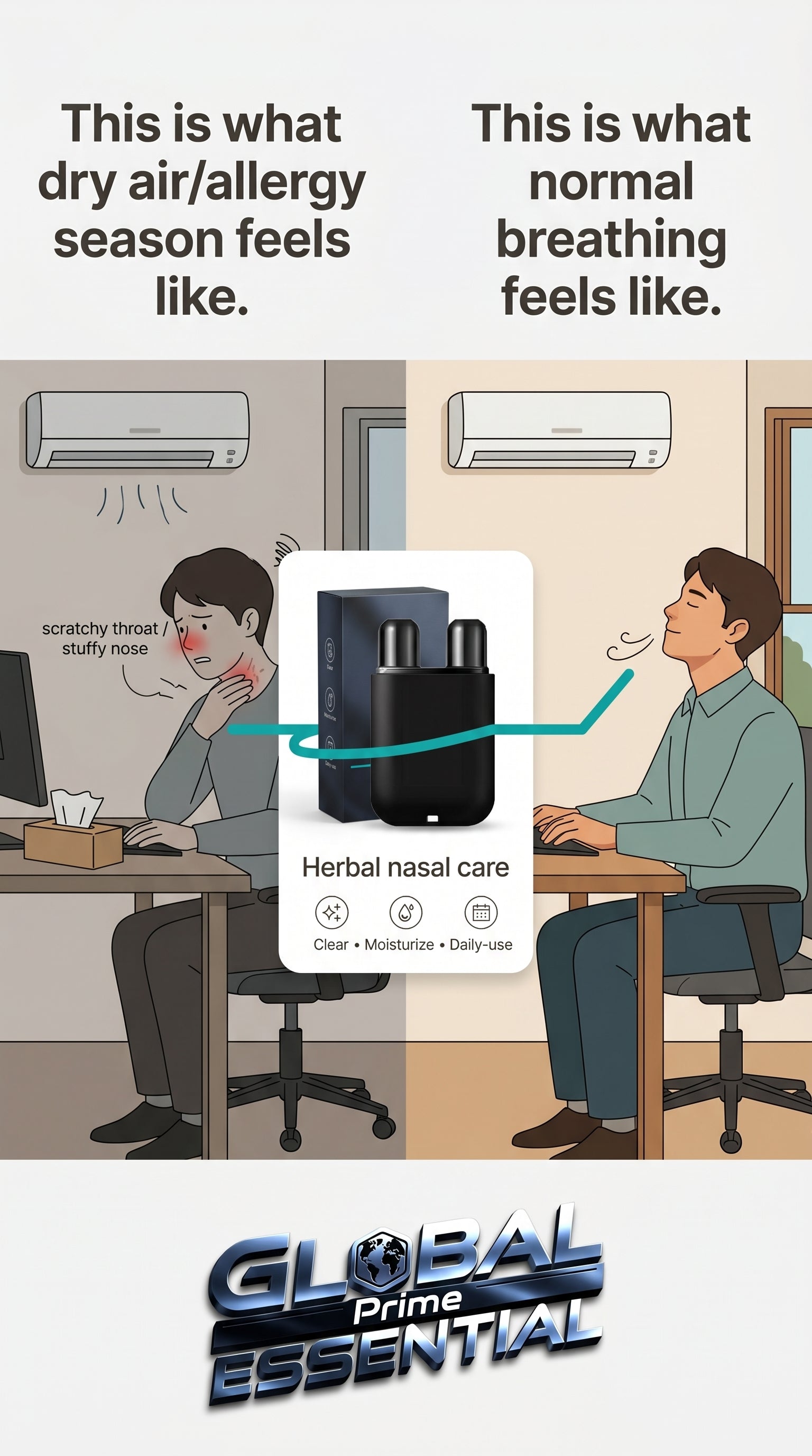 Global Prime Essential Herbal Repair Nasal Box shown with clear nasal passages for all-day relief and natural nasal health.