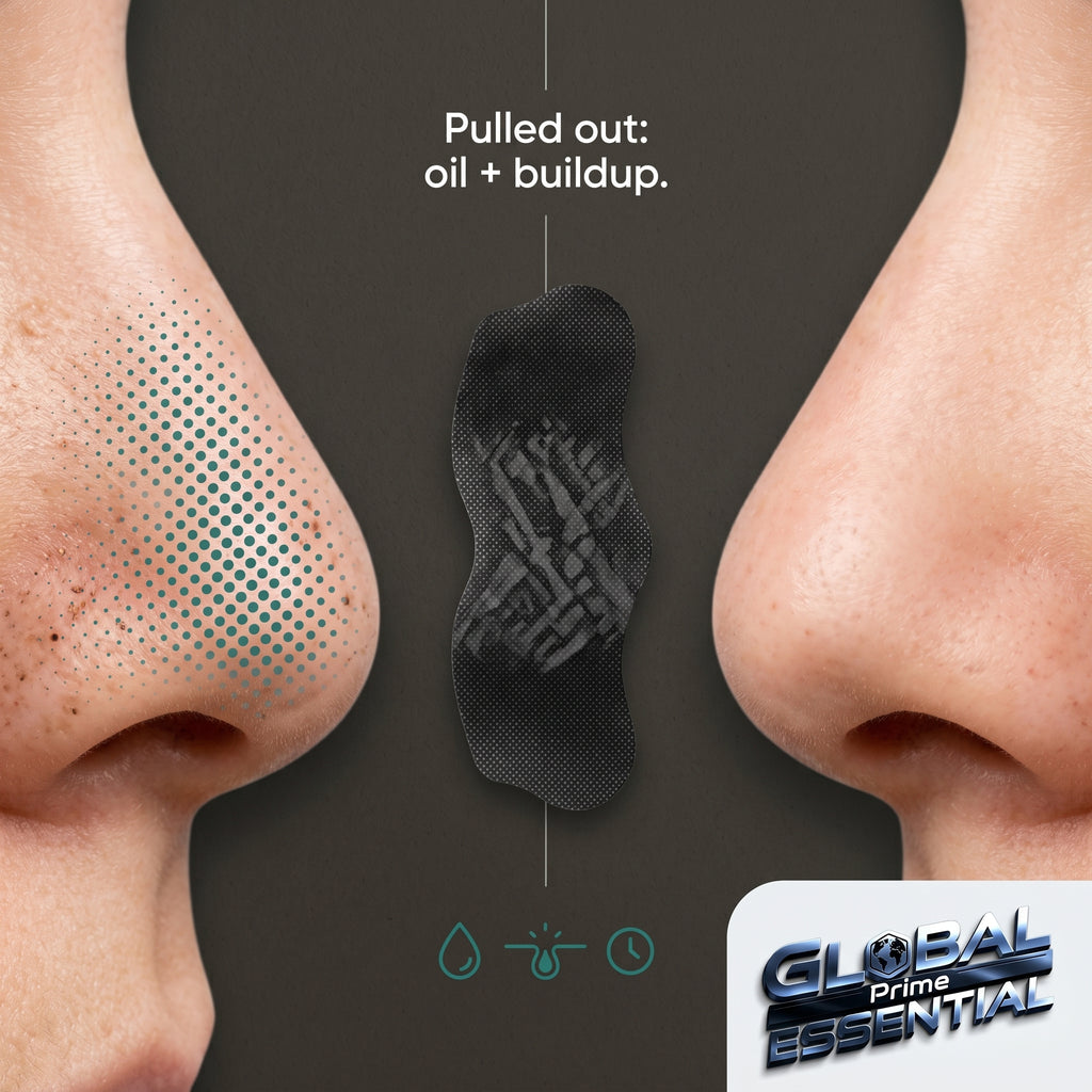 Global Prime Essential nose blackhead remover pore strips for deep cleansing and clear pores, visible results in 10 minutes.