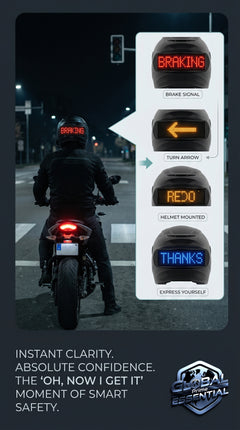 Global Prime Essential motorcycle helmet with programmable LED display for safer rides and clear signaling.