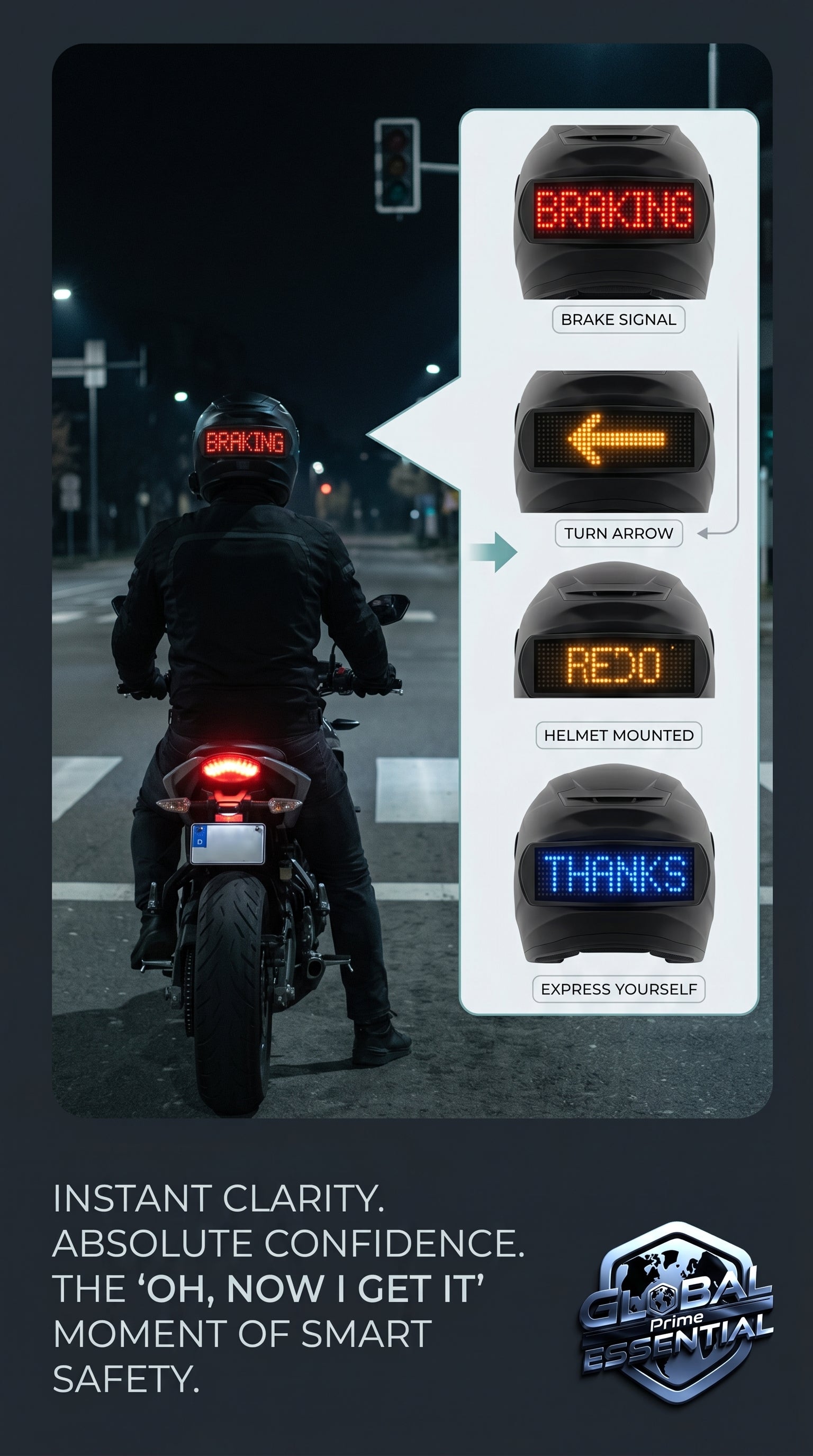 Global Prime Essential motorcycle helmet with programmable LED display for safer rides and clear signaling.