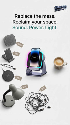 Global Prime Essential 5-in-1 wireless speaker with phone holder, RGB lighting, induction charging, and Bluetooth connectivity.