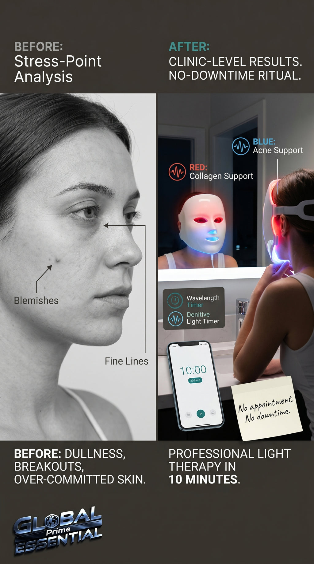 Global Prime Essential therapy mask for skin, shown in a clinic-style setting for at-home skincare treatment.