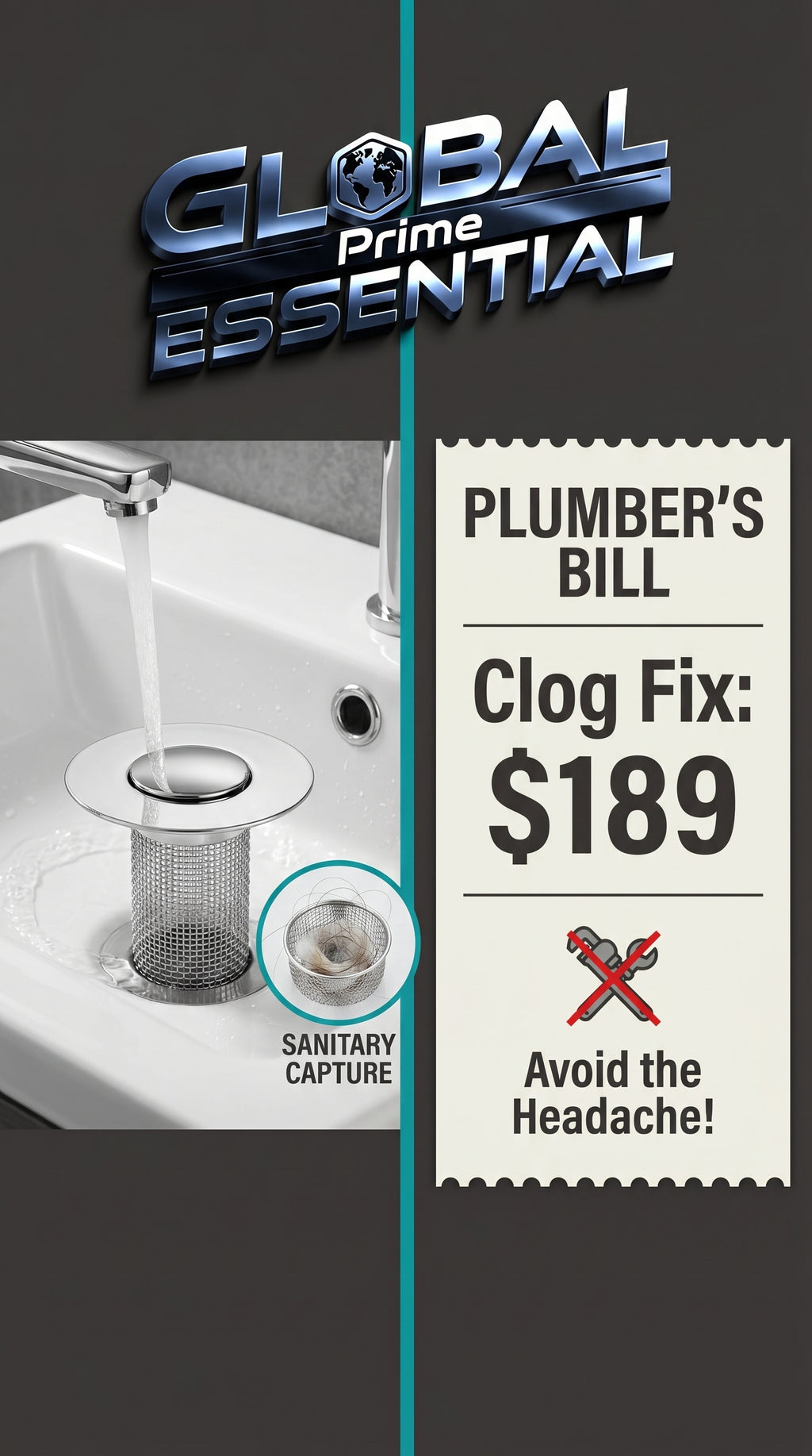 Global Prime Essential bathroom sink drain strainer preventing clogs and catching debris in a modern bathroom setting