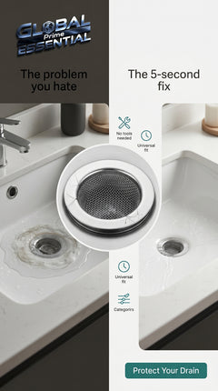 Global Prime Essential bathroom sink drain strainer preventing clogs and catching debris in a modern bathroom sink.